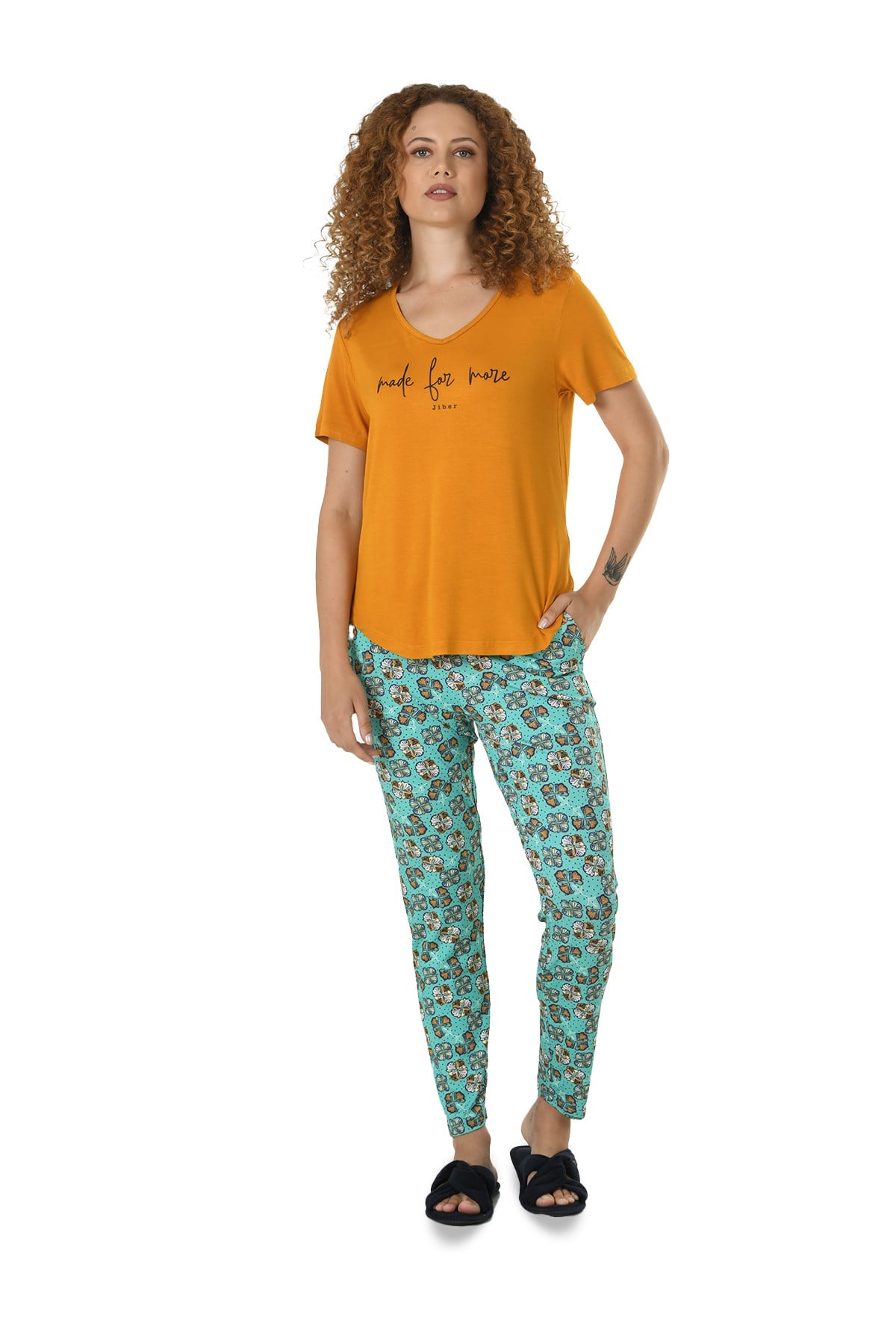 Kadın Hardal Baskılı Yarım Kol Viskon Pijama Takımı 10124