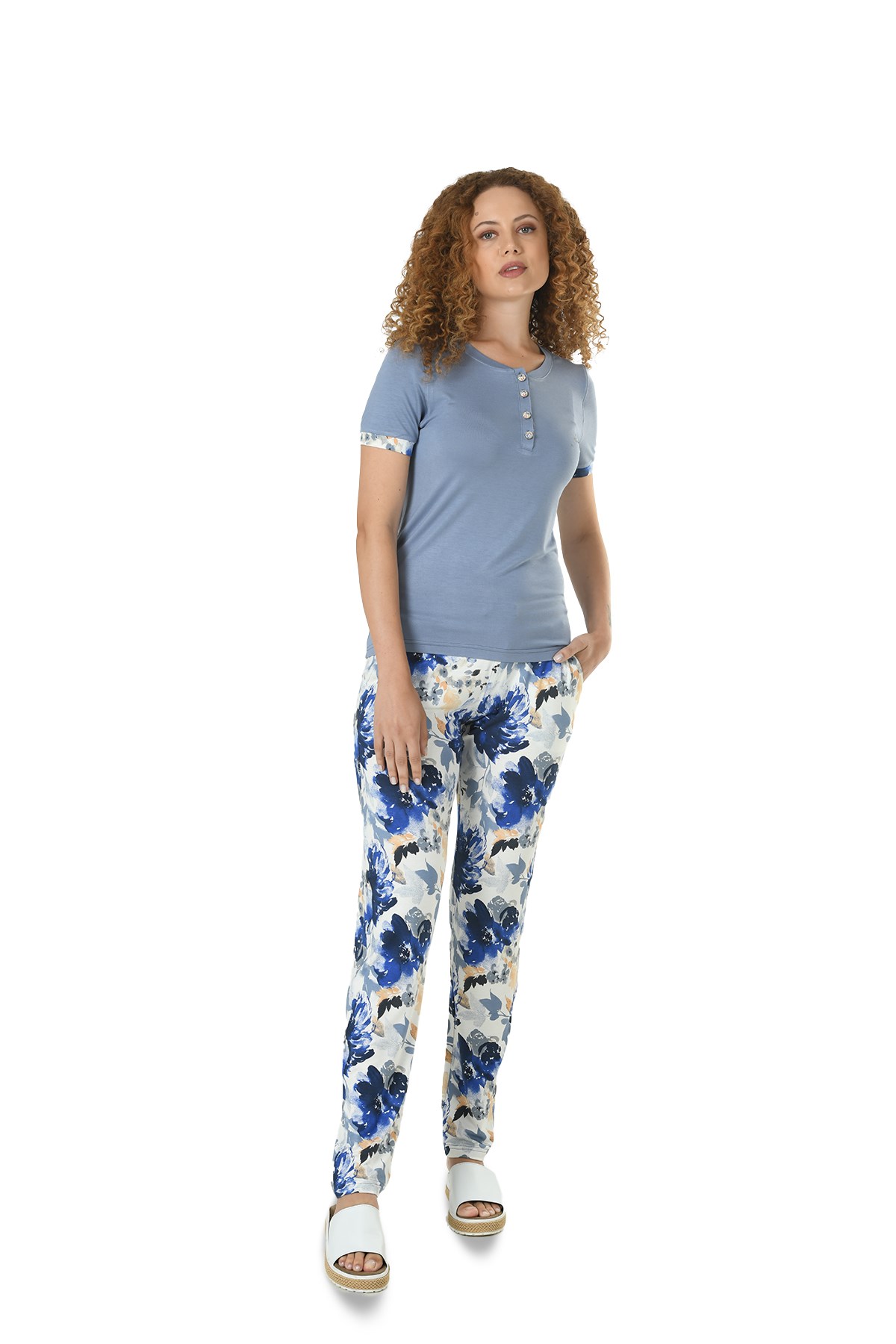 Kadın İndigo Yarım Kol Baskılı Viskon Pijama Takımı 10134