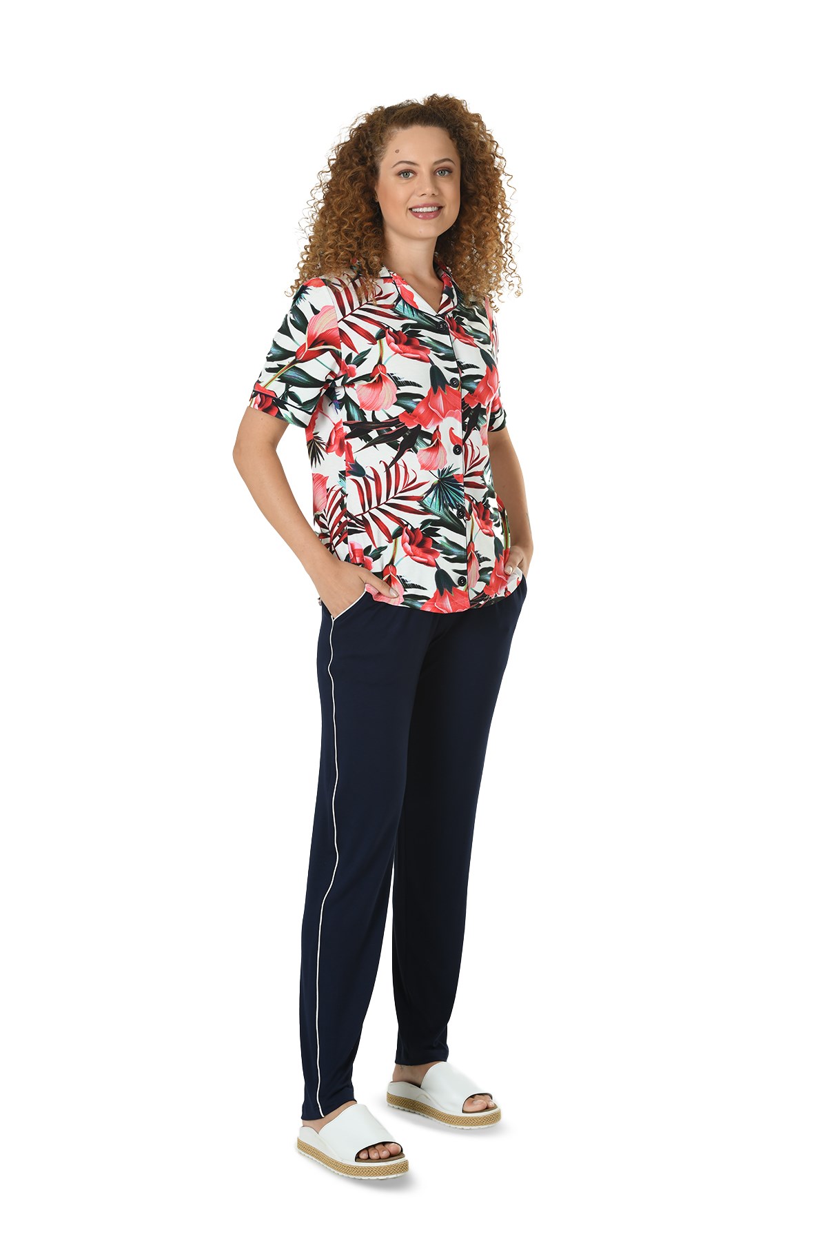 Kadın Lacivert Ceket Yaka Baskılı Düğmeli Pijama Takımı 10142