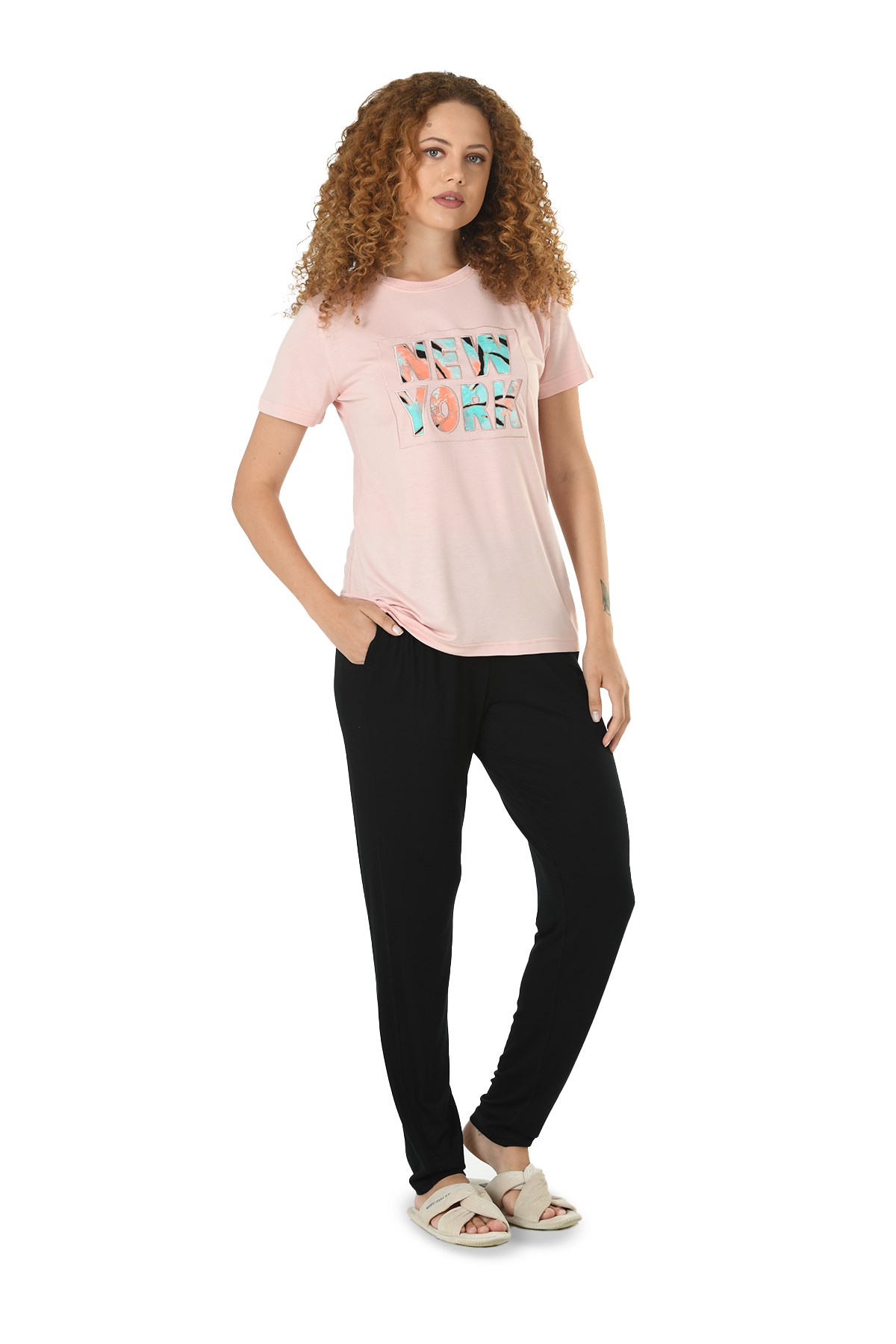 Kadın Pudra Yarım Kol Baskılı Viskon Pijama Takımı 10147