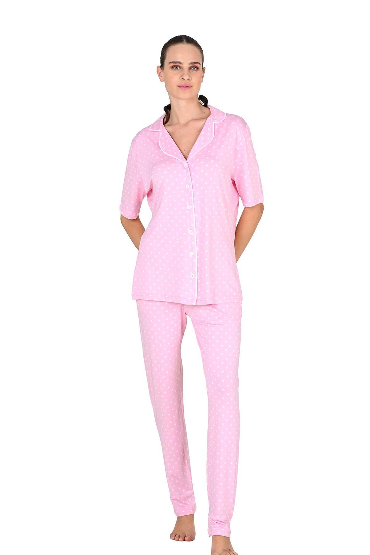 Kadın Viskoz Düğmeli Pembe Pijama Takımı 10214 