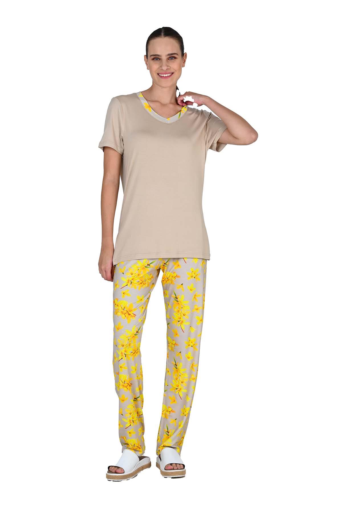 Kadın Viskoz Kısa Kol Bej Pijama Takımı 10206