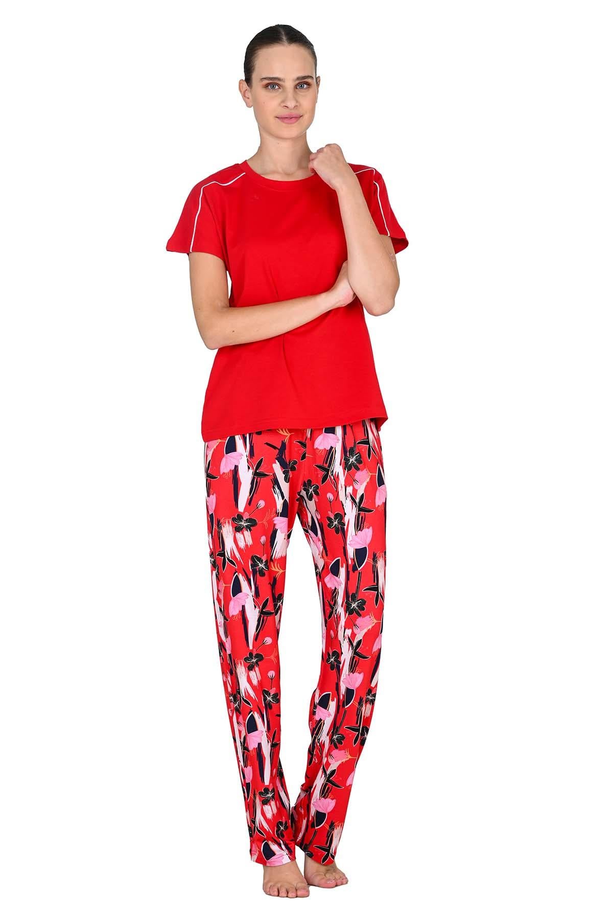 Kadın Viskoz Kısa Kol Kırmızı Pijama Takımı 10217