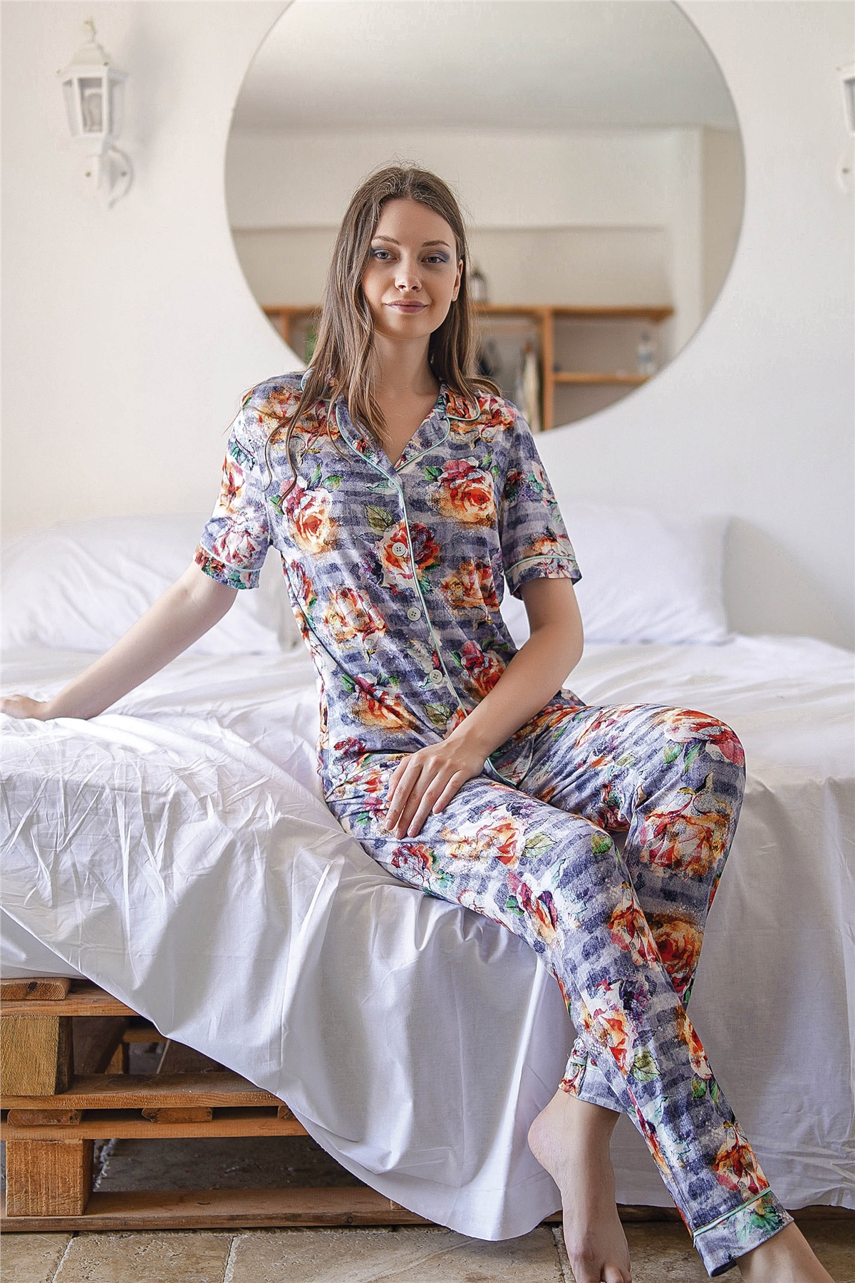 Kadın Mavi Çiçekli Pijama Takımı 10034 | Jiber İç Giyim