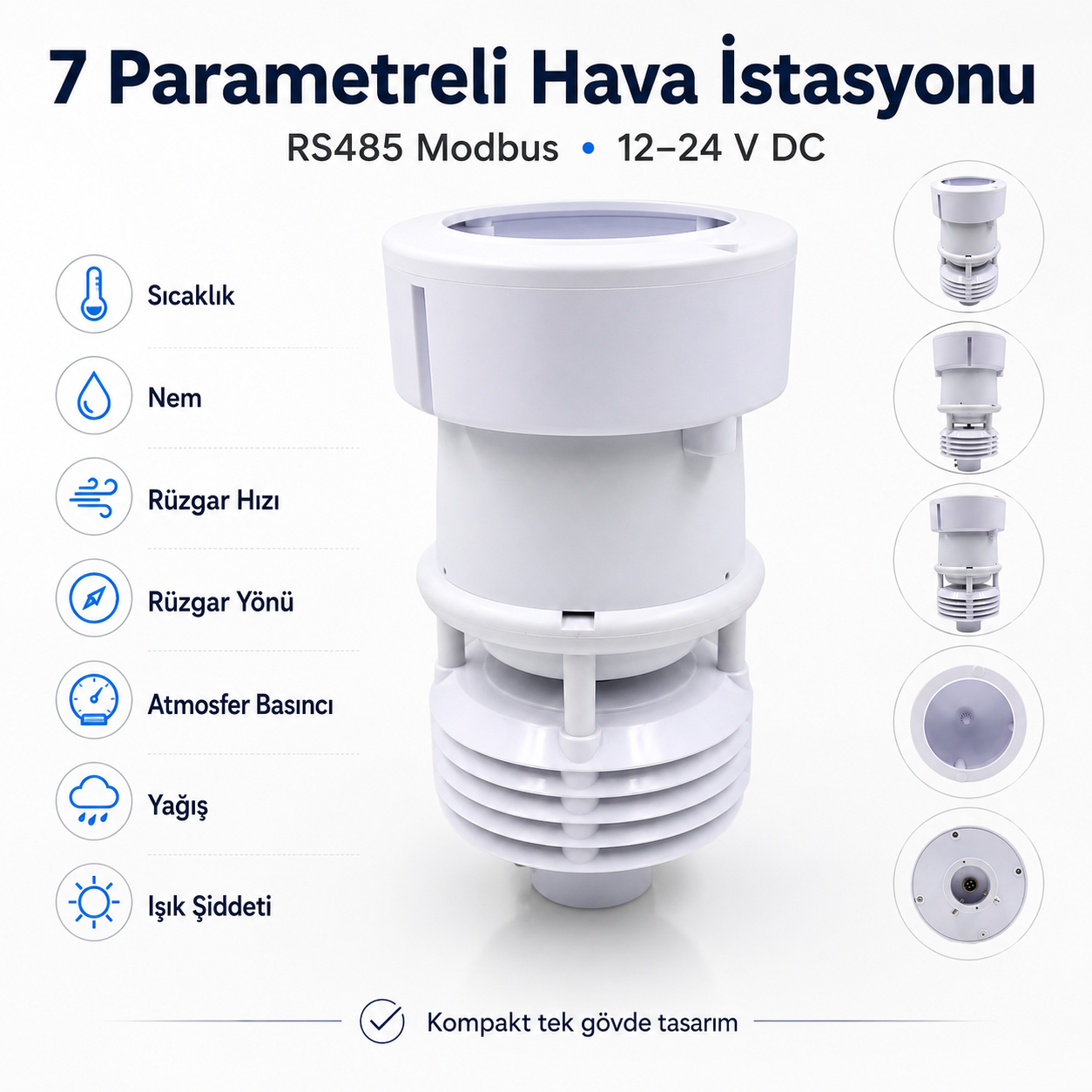 ULTRASONİK RÜZGAR HIZI-YÖNÜ, SICAKLIK, NEM, IŞIK, YAĞMUR SENSÖRÜ (RS485-MODBUS RTU)