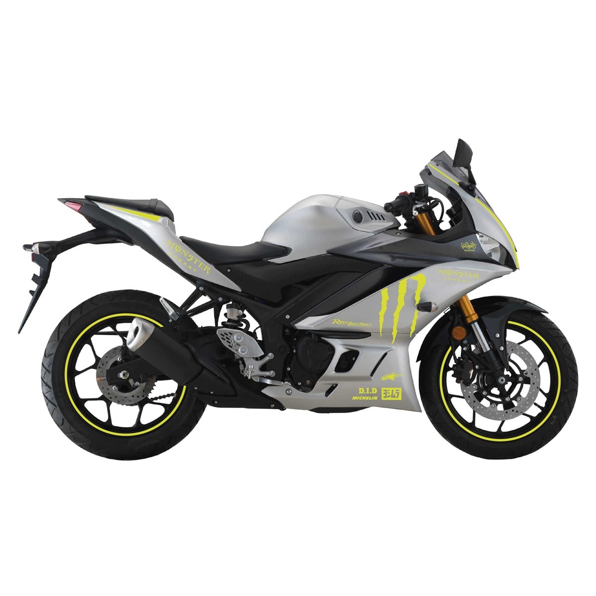 2019-2020 Gri Yamaha YZF R25 Neon Sarı Monster Yazılı Sticker Etiket Full Takım Modeli