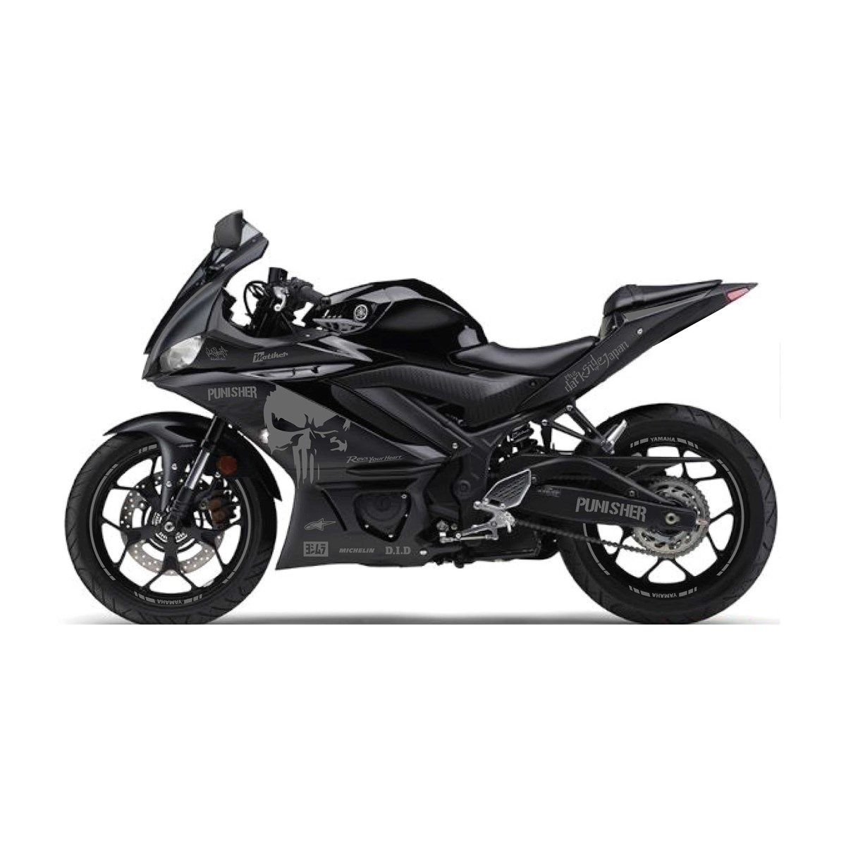 2019-2020 Yamaha YZF R25 Metalik Gri Punisher Yazılı Sticker Etiket Full Takım Modeli
