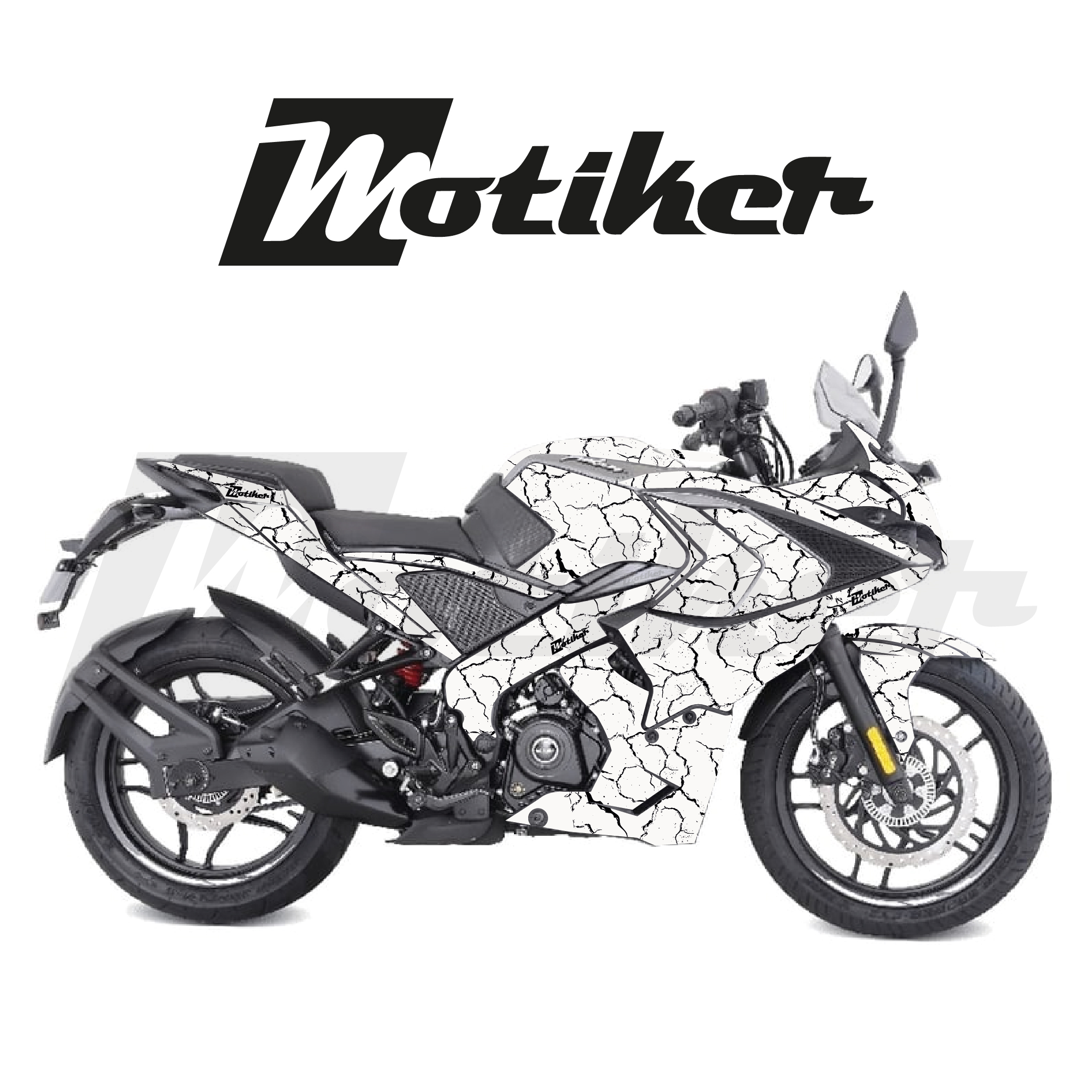 BAJAJ Pulsar RS200 Beyaz Zemin Üstüne Siyah Şimşek Tasarımı Sticker Etiket Modeli