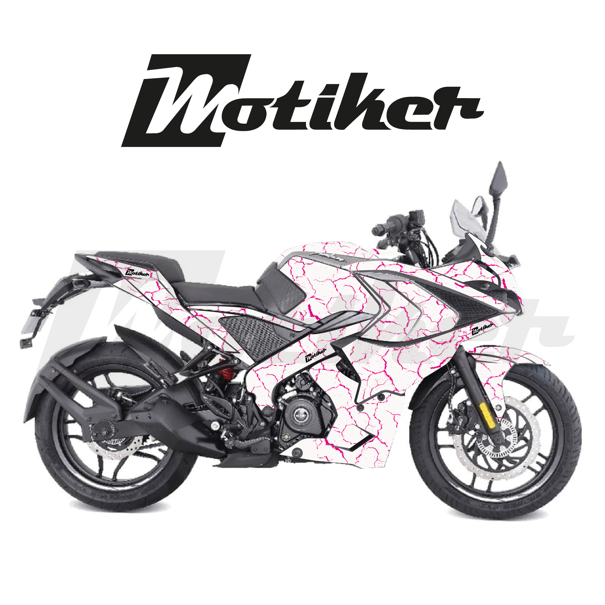 BAJAJ Pulsar RS200 Beyaz Zemin Üstüne Pembe Şimşek Tasarımı Sticker Etiket Modeli