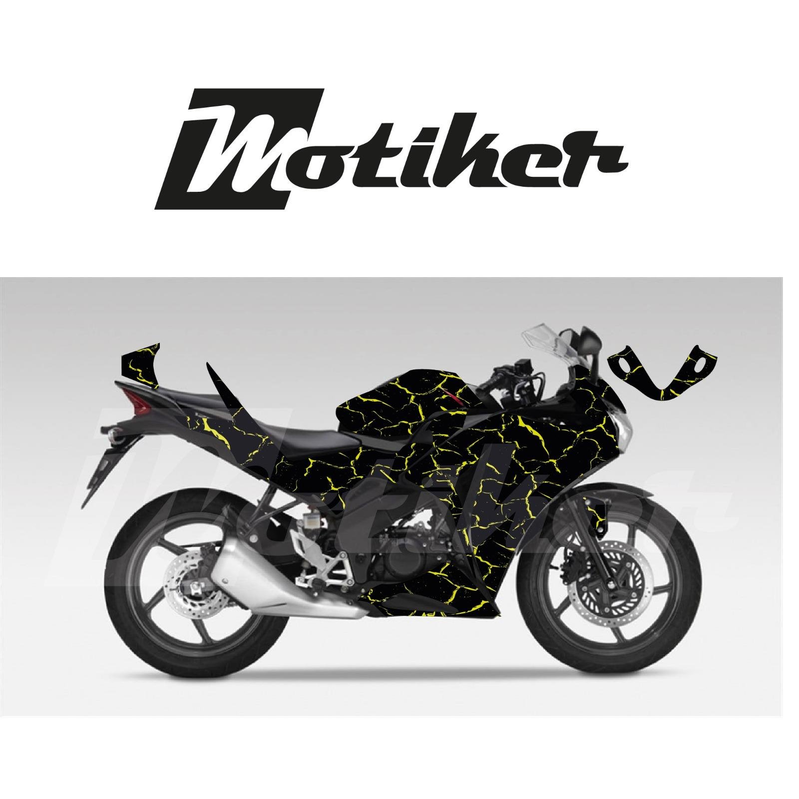 Honda CBR 125R Siyah Zemin Üstüne Sarı Şimşek Desen Tasarım Sticker Etiket Modeli
