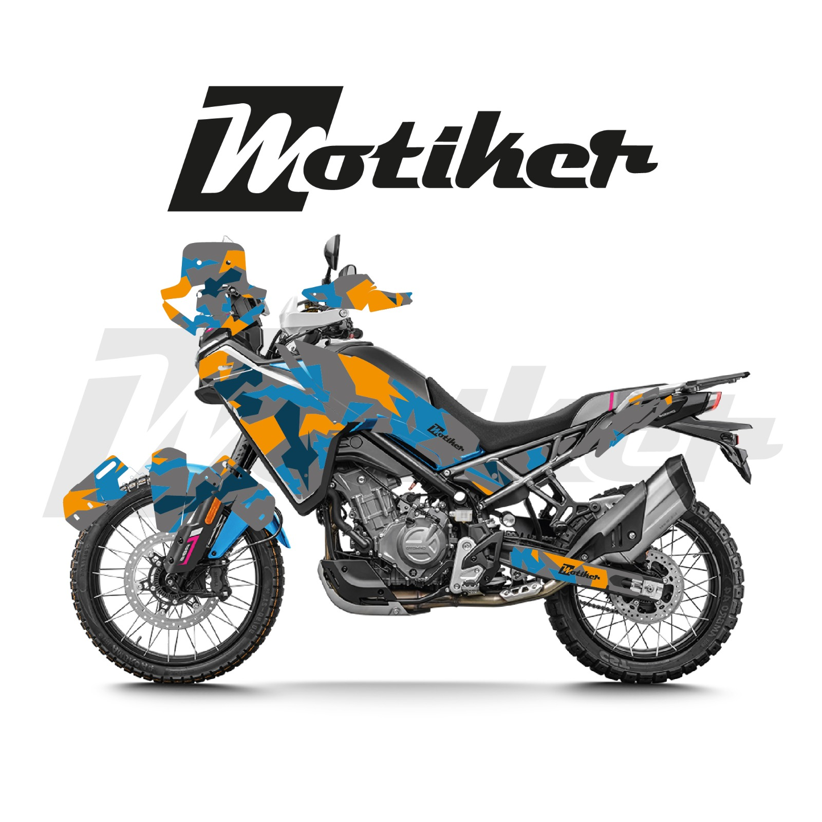 CF MOTO 450MT Kamuflaj Tasarımı Gri Üzeri Mavi Turuncu Sticker Etiket Modeli
