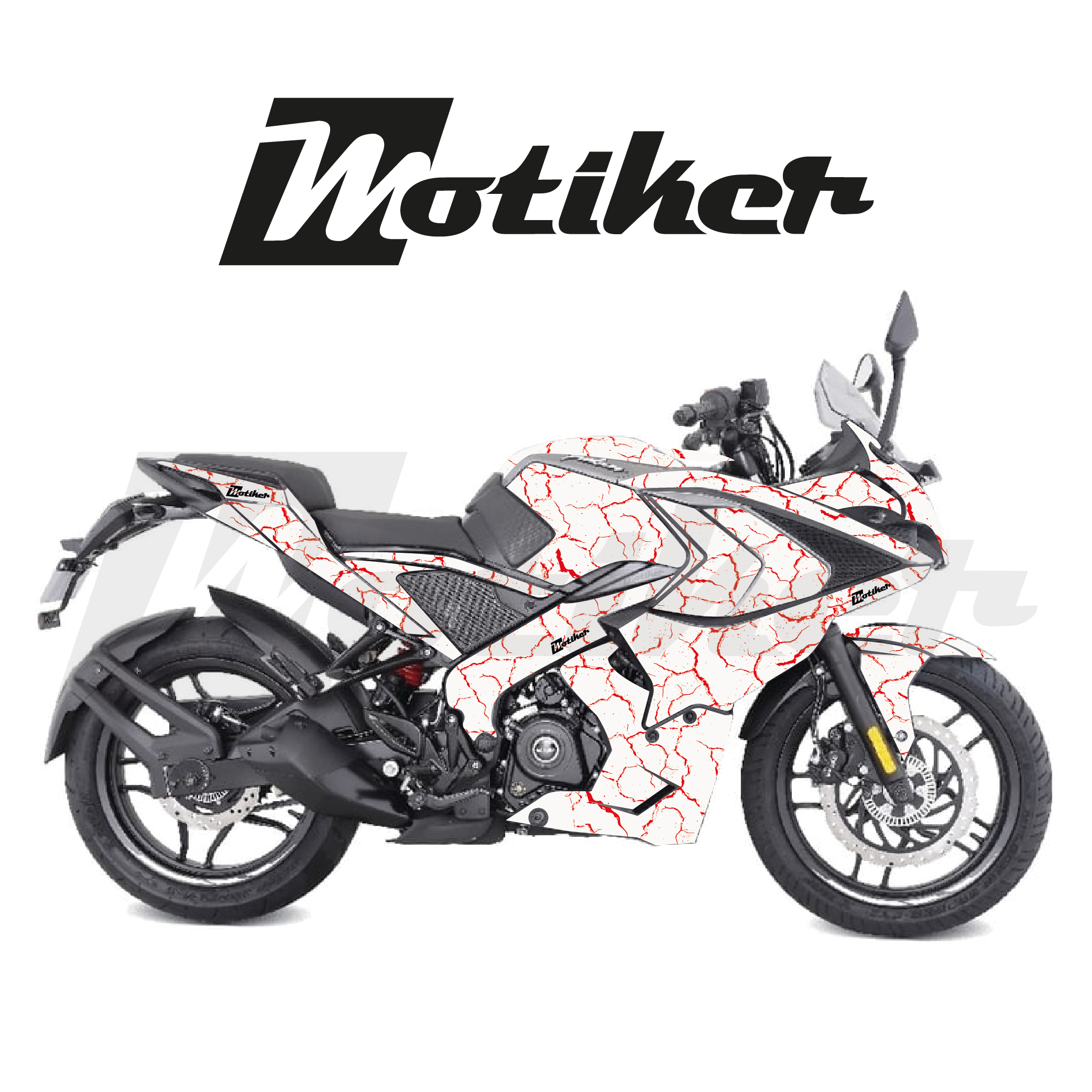 BAJAJ Pulsar RS200 Beyaz Zemin Üstüne Kırmızı Şimşek Tasarımı Sticker Etiket Modeli