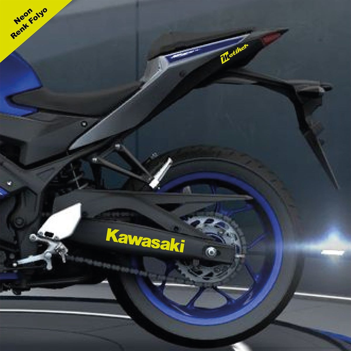 Kawaski Yazılı Neon Sarı Arka Maşa Sticker Etiket Modeli
