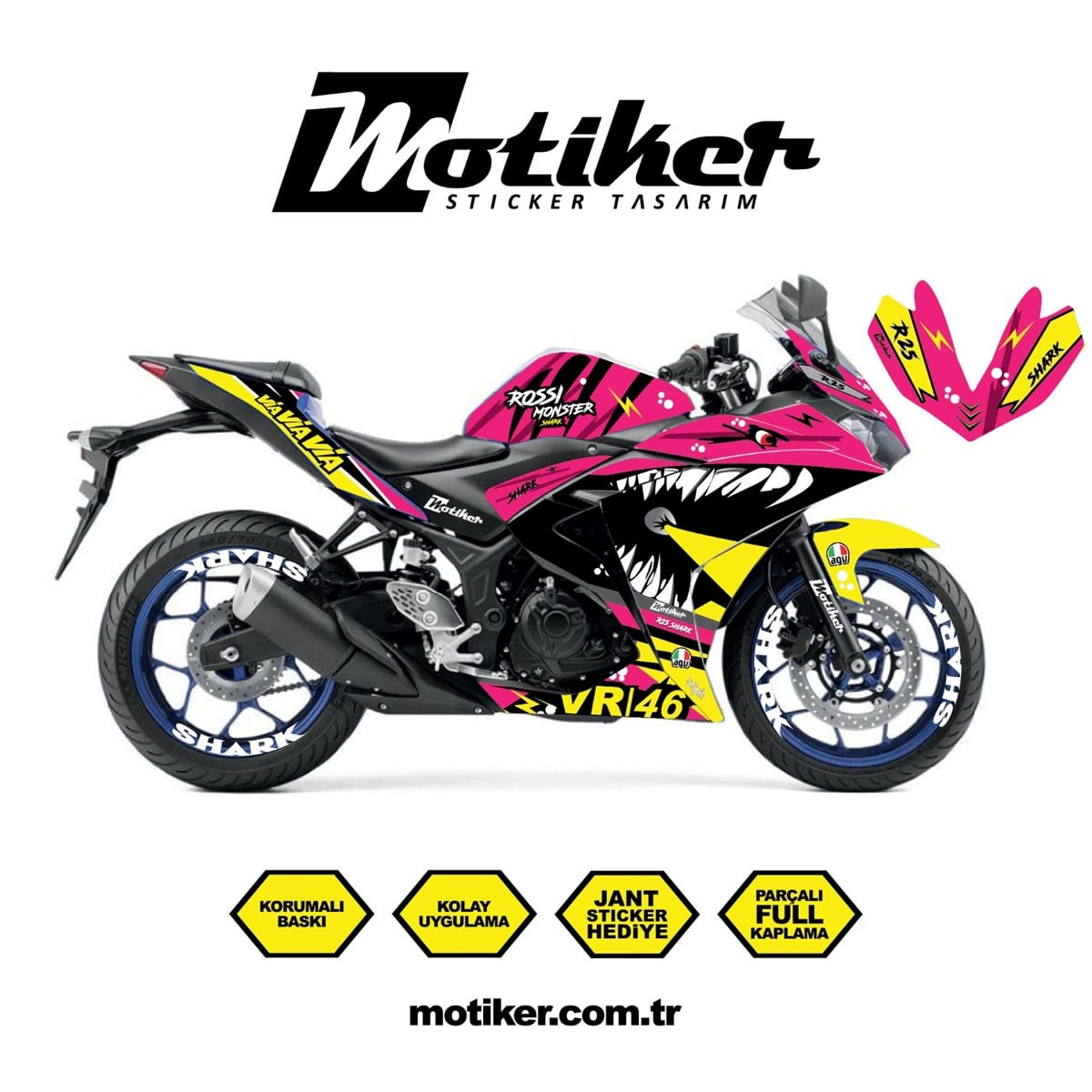 Yamaha YZF R25 Rossi Köpek Balığı Shark Sticker Etiket Kaplama Modeli Pembe