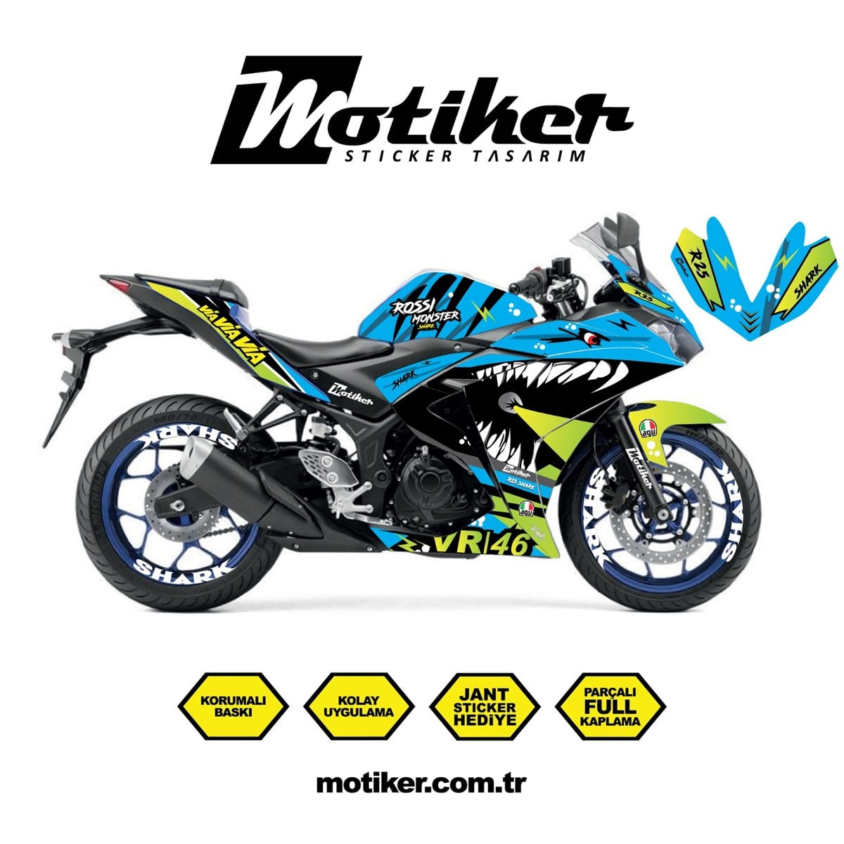 Yamaha YZF R25 Rossi Köpek Balığı Shark Sticker Etiket Kaplama Modeli Açık Mavi