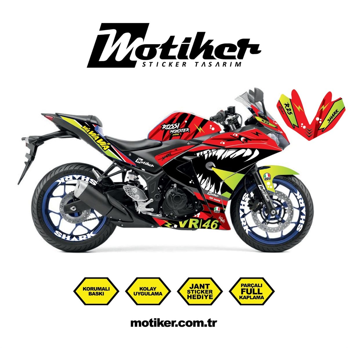 Yamaha YZF R25 Rossi Köpek Balığı Shark Sticker Etiket Kaplama Modeli Kırmızı