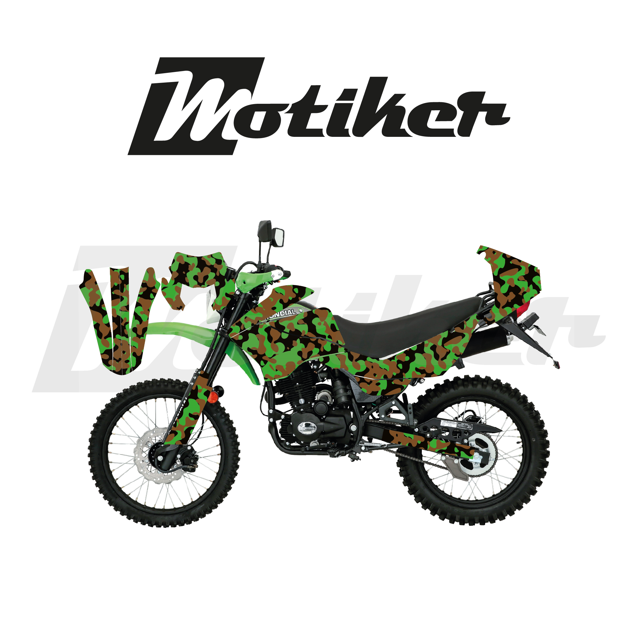 Mondial 2022-2026 Model X-Treme Max 200İ  Siyah Zemin Üstüne Yeşil Kahverengi Kamuflaj (Kamuflage) Tasarımı Sticker Etiket Modeli