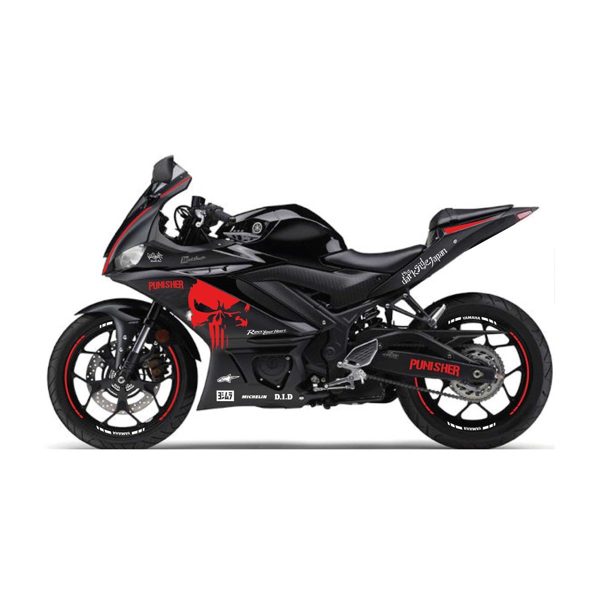 2019-2020  Yamaha YZF R25 Kırmızı- Beyaz  Punisher Sticker Etiket Full Takım Modeli