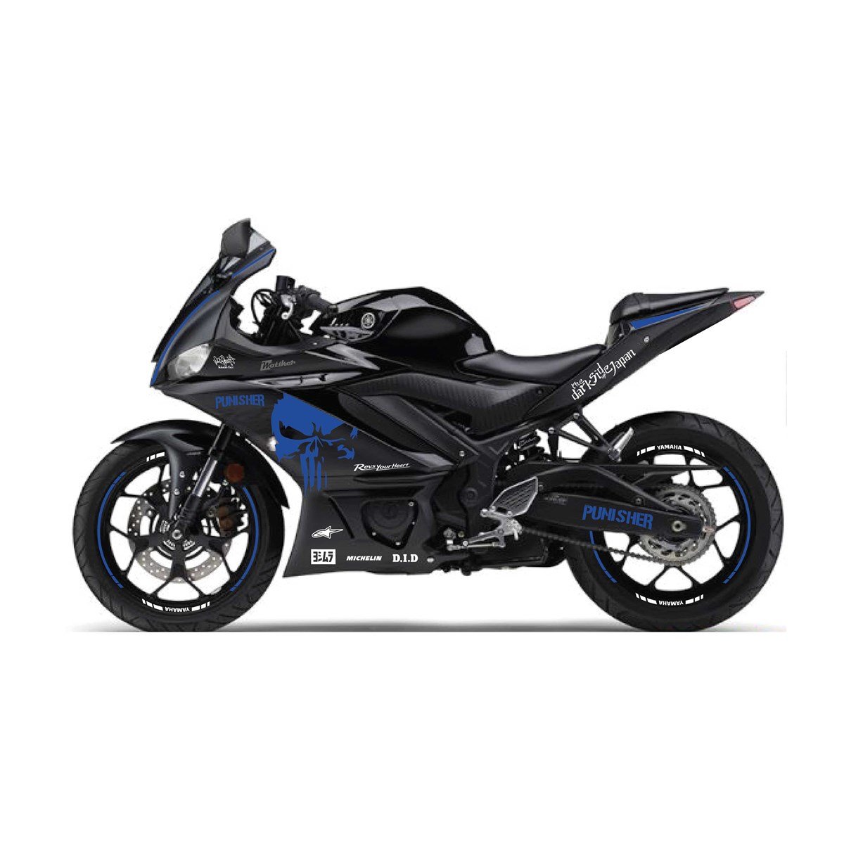2019-2020  Yamaha YZF R25 Lacivert ( Gece Mavisi) -Beyaz PunisherSticker Etiket Full Takım Modeli