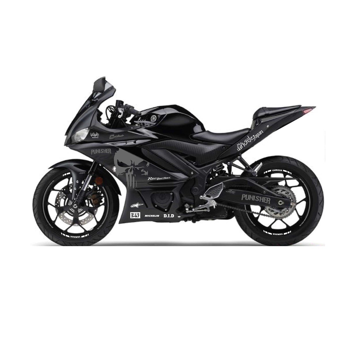 2019-2020  Yamaha YZF R25 Metalik Gri- Beyaz Punisher Sticker Etiket Full Takım Modeli