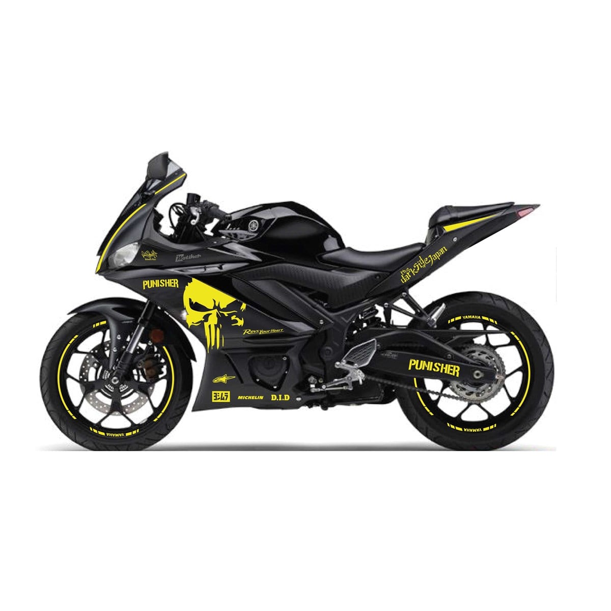 2019-2020 Yamaha YZF R25 Neon Sarı Punisher Yazılı Sticker Etiket Full Takım Modeli 