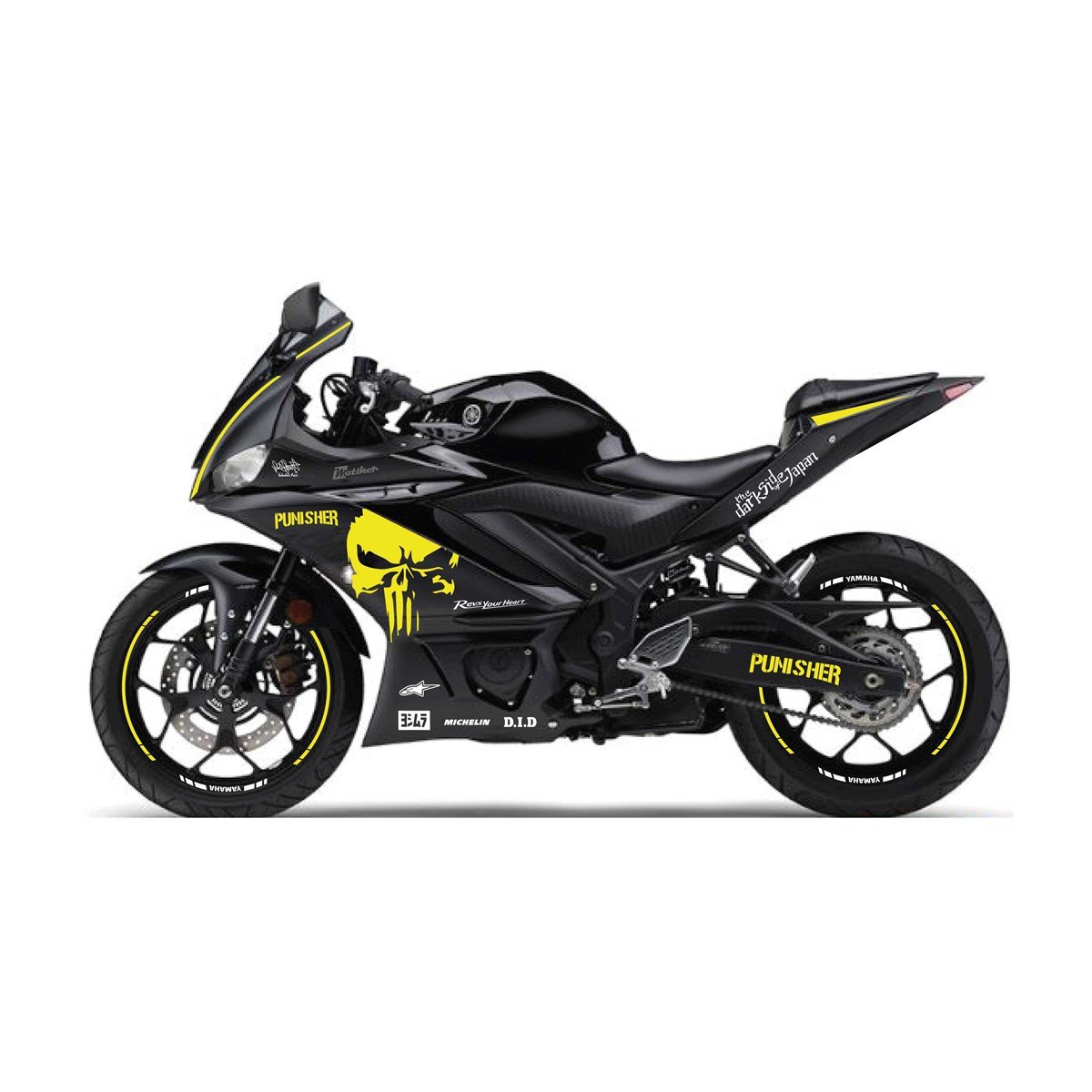 2019-2020  Yamaha YZF R25 Sarı- Beyaz  Punisher Sticker Etiket Full Takım Modeli
