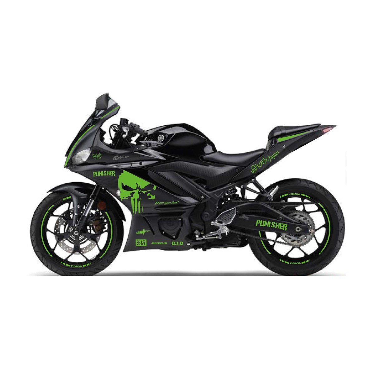2019-2020 Yamaha YZF R25 Yeşil  Punisher Yazılı Sticker Etiket Full Takım Modeli