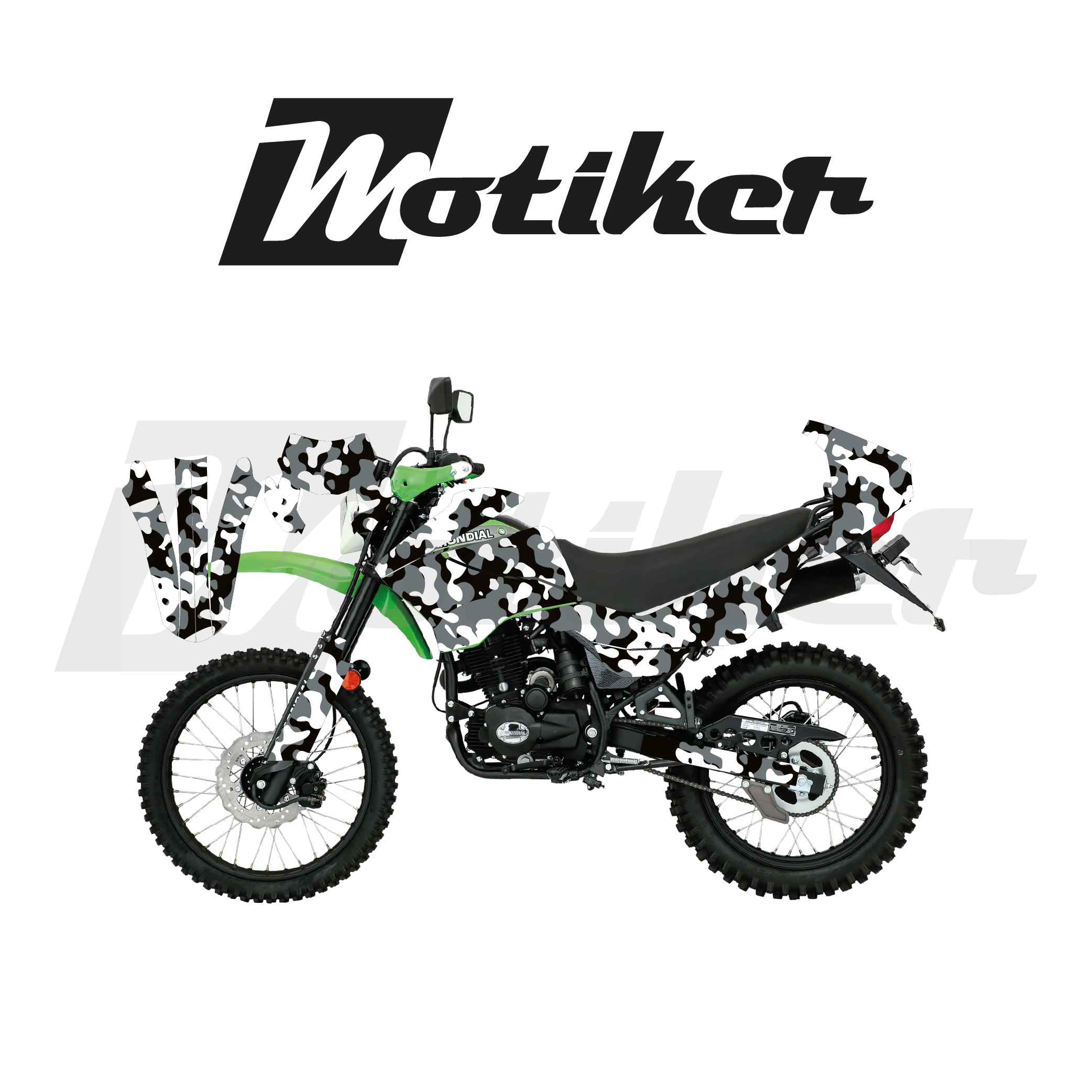 Mondial 2022-2026 Model X-Treme Max 200İ  Siyah Zemin Üstüne Gri Beyaz Kamuflaj (Kamuflage) Tasarımı Sticker Etiket Modeli