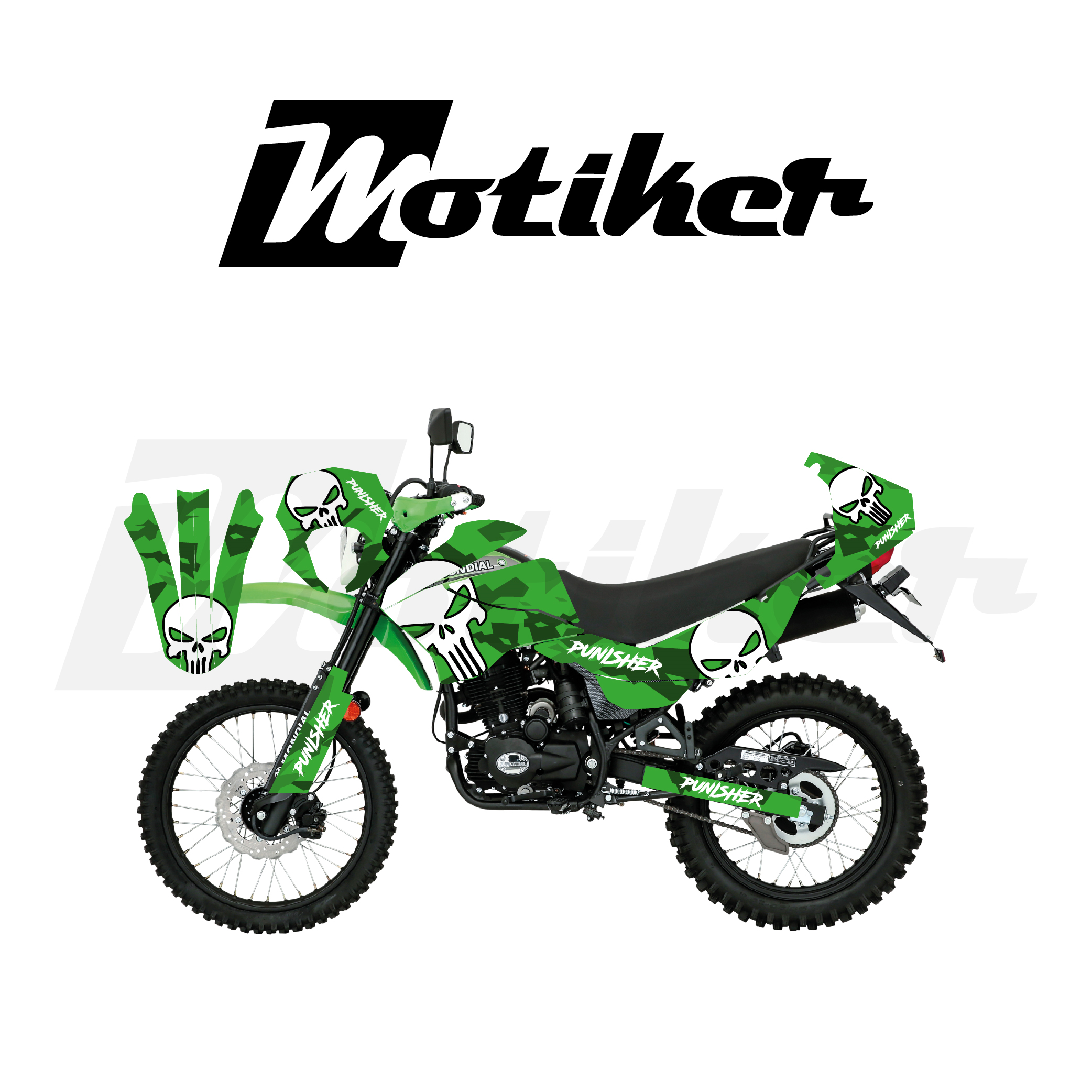 Mondial 2016-2022 Model X-Treme Max 200İ Kamuflaj Tasarımı Yeşil Zemin Üstü Punisher Koyu Yeşil Sticker Etiket Modeli