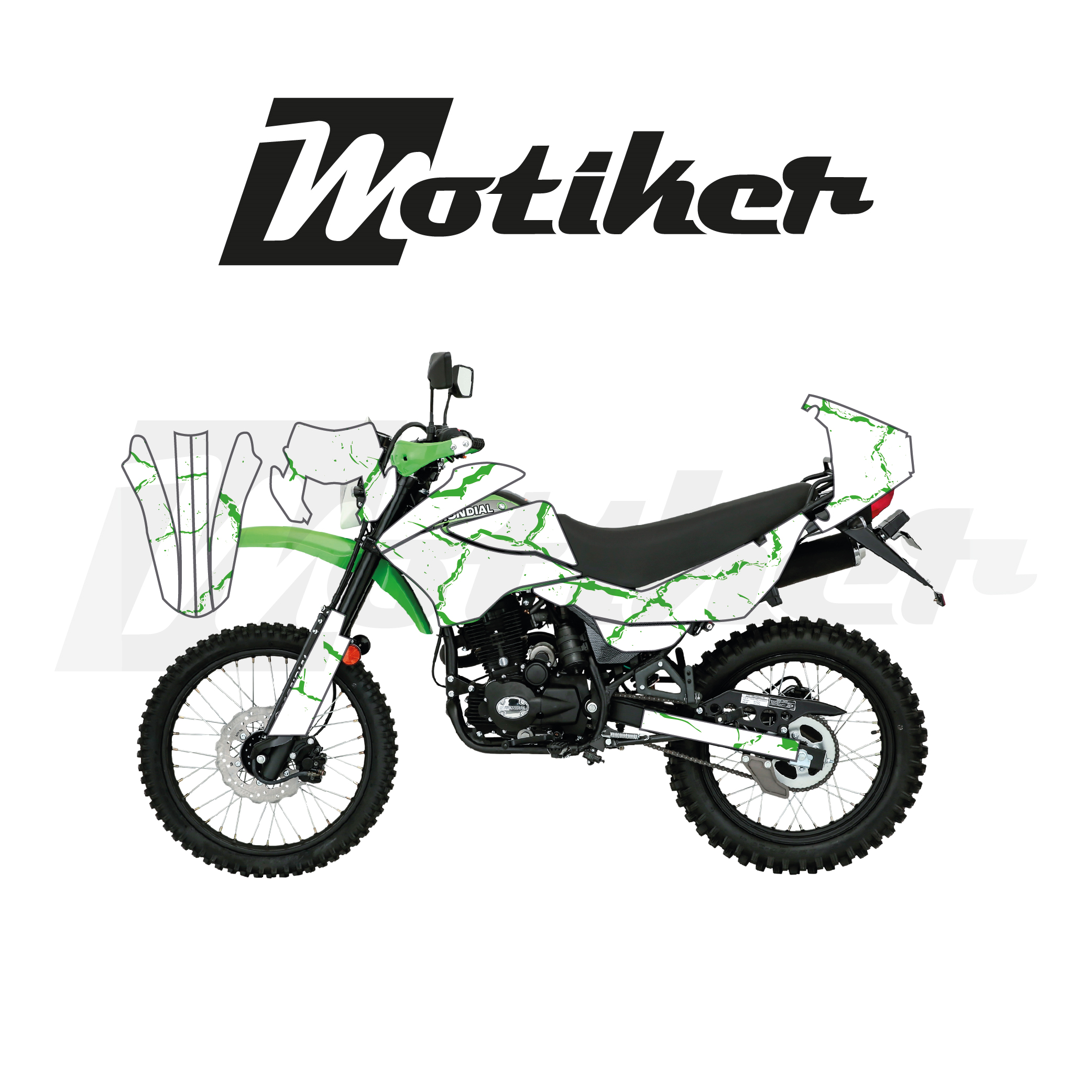 Mondial 2022-2026 Model X-Treme Max 200İ Beyaz Zemin Üstüne Yeşil Şimşek Tasarımı Sticker Etiket Modeli