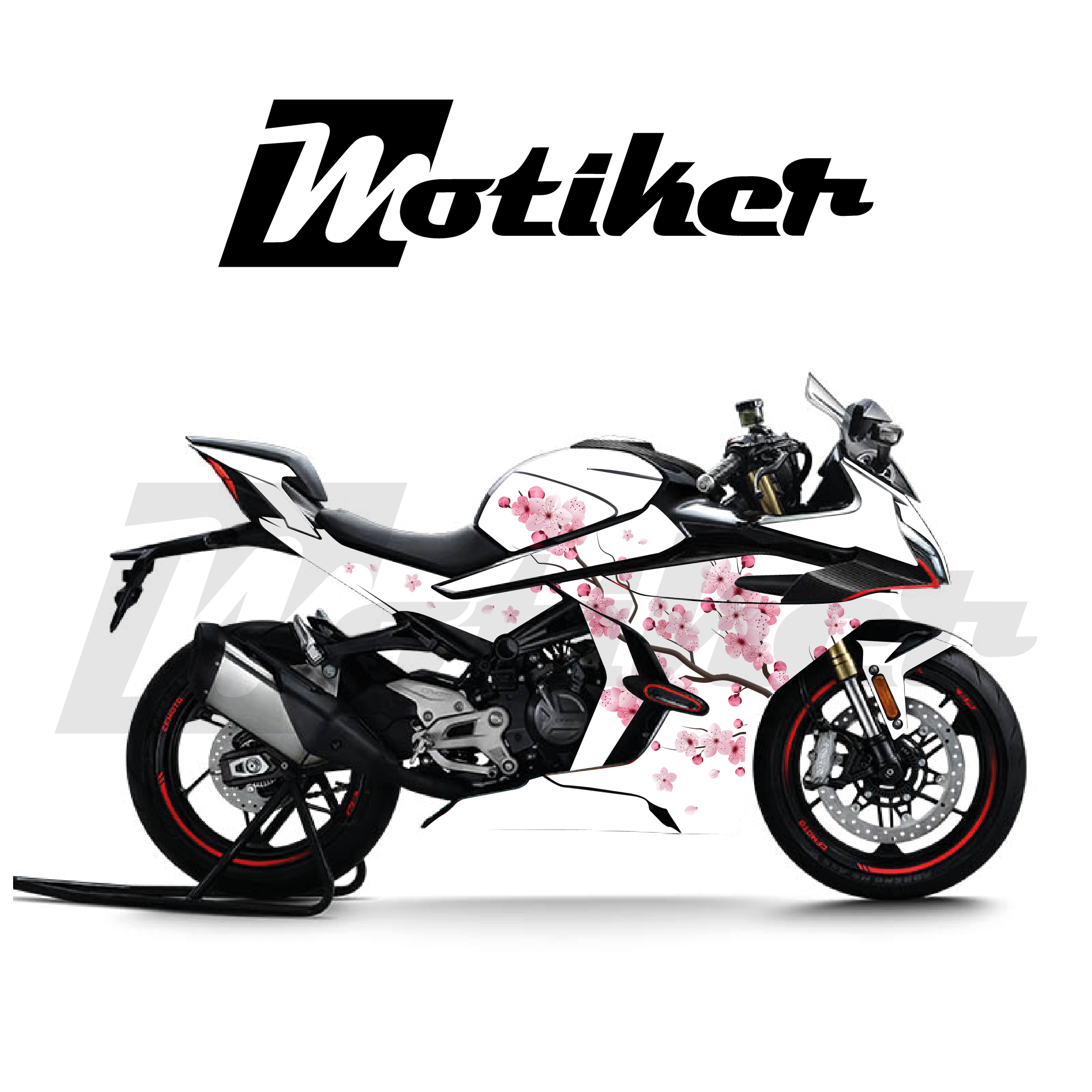 CF MOTO 450SR Sakura Çiçeği Beyaz Zemin Üzeri Pembe Çiçek Tasarım Sticker Etiket Modeli