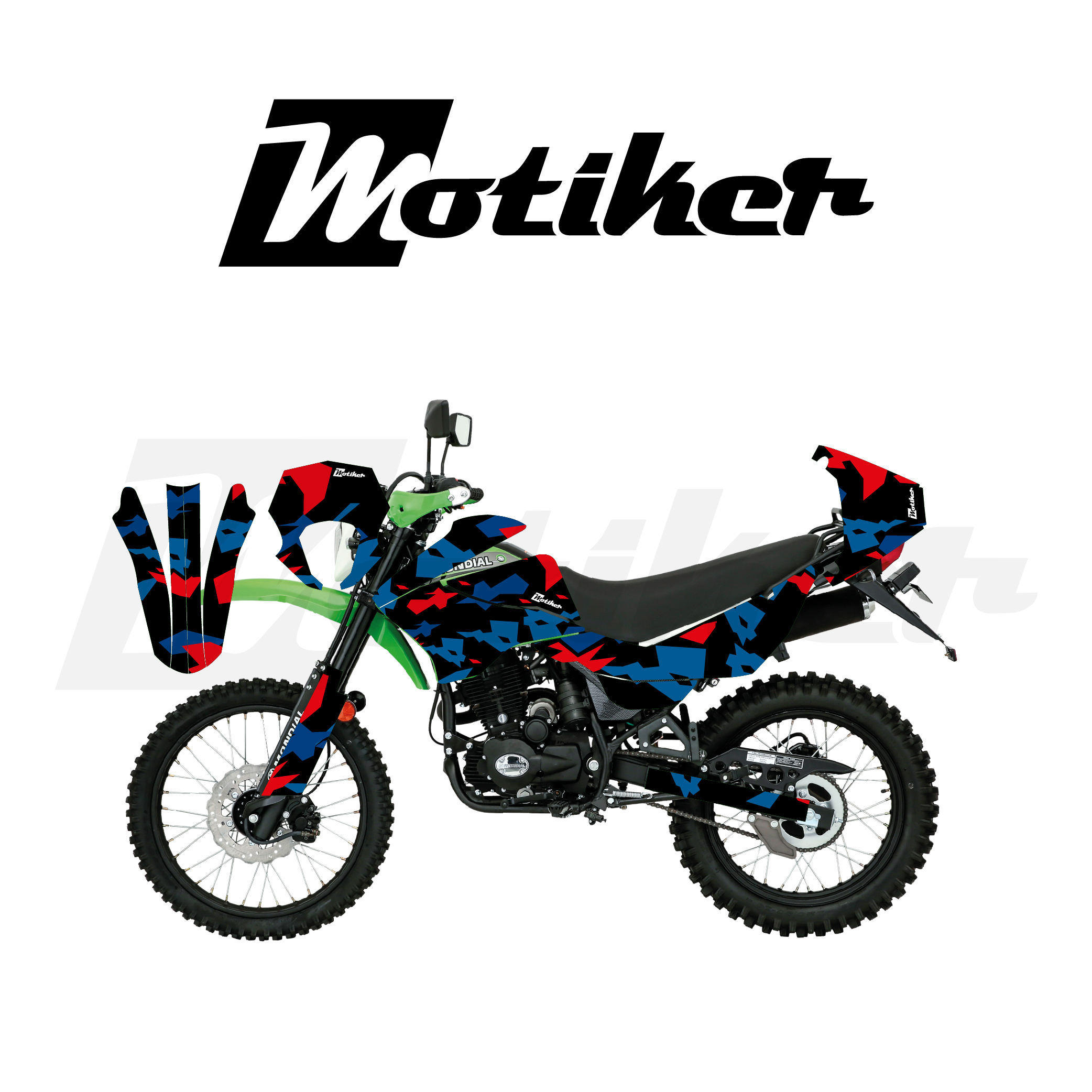 Mondial 2016-2022 Model X-Treme Max 200İ Kamuflaj Tasarımı Siyah Zemin Üstü Mavi Kırmızı Sticker Etiket Modeli