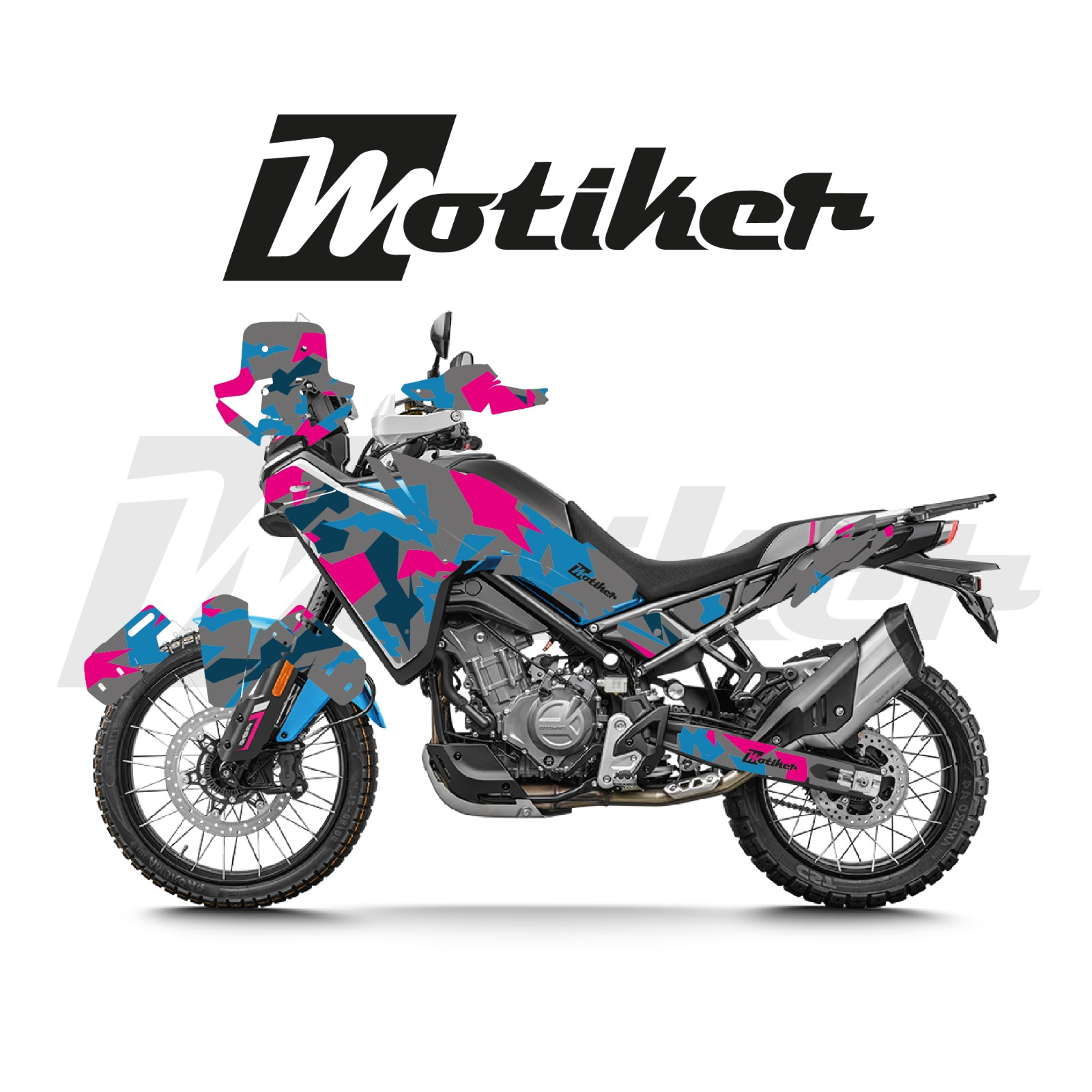 CF MOTO 450MT Kamuflaj Tasarımı Gri Üzeri Mavi Pembe Sticker Etiket Modeli