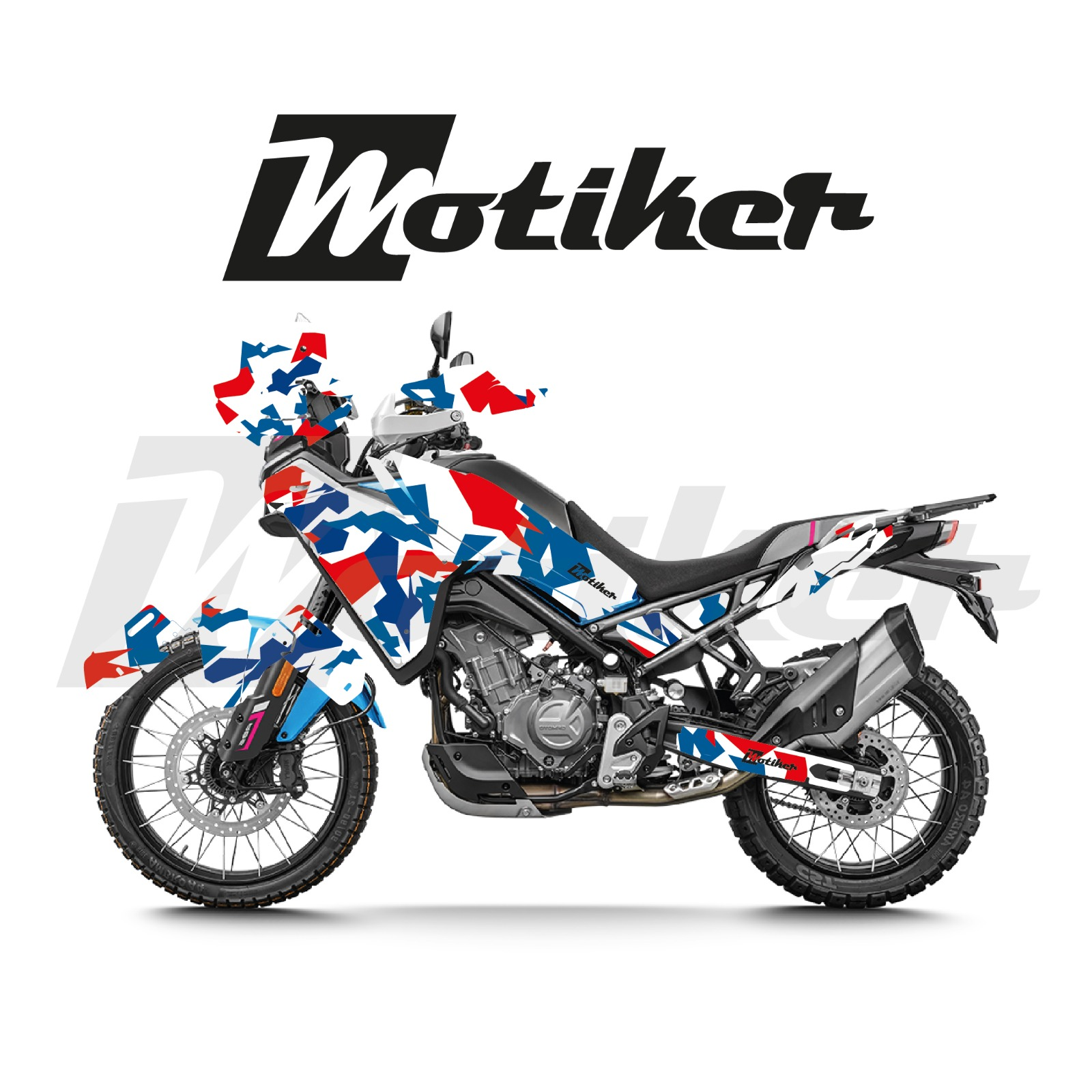 CF MOTO 450MT Kamuflaj Tasarımı Beyaz Üzeri Kırmızı Mavi Sticker Etiket Modeli