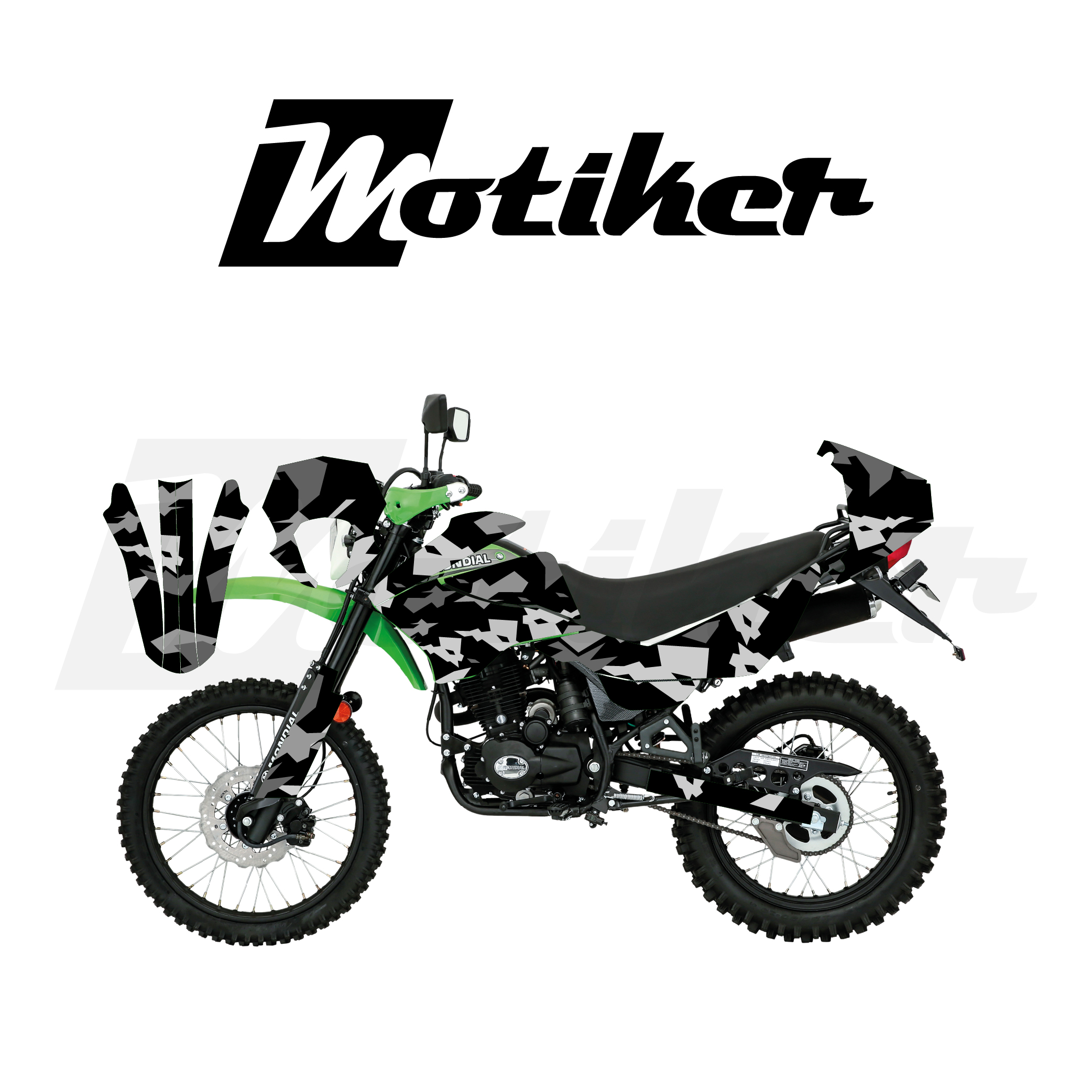 Mondial 2022-2026 Model X-Treme Max 200İ Kamuflaj Tasarımı Siyah Zemin Üstü Gri Beyaz Sticker Etiket Modeli