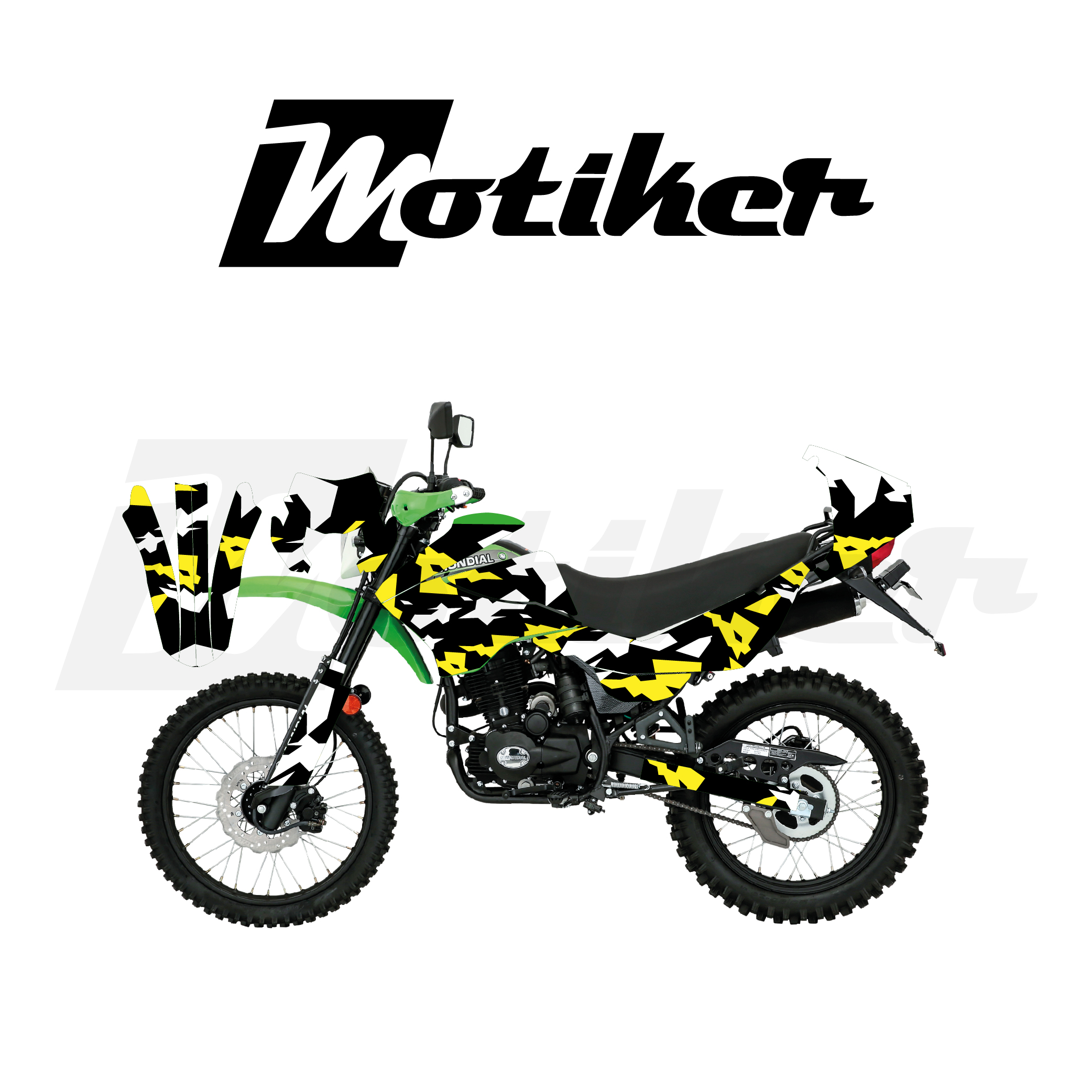 Mondial 2022-2026 Model X-Treme Max 200İ Kamuflaj Tasarımı Siyah Zemin Üstü Sarı Beyaz  Sticker Etiket Modeli