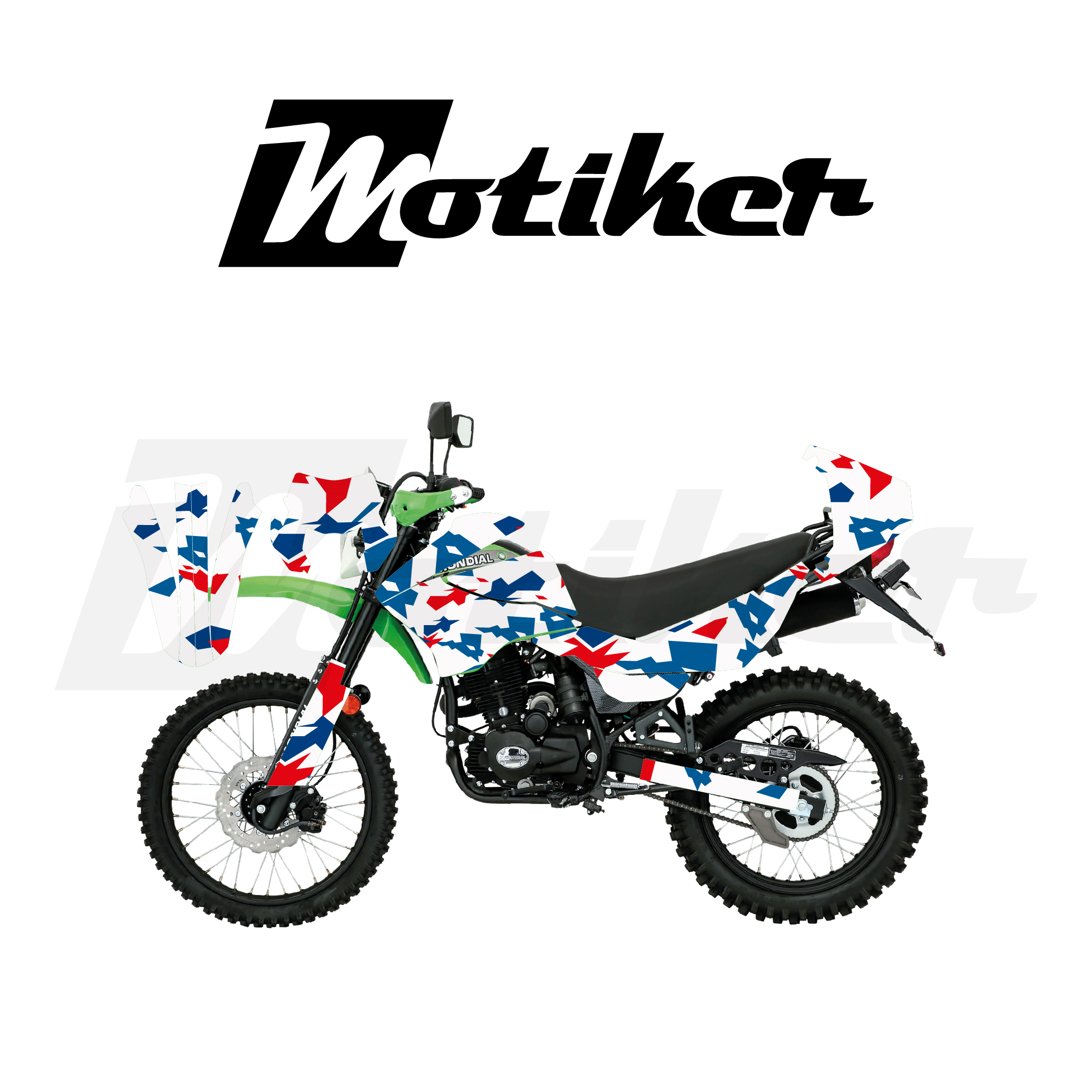 Mondial 2022-2026 Model X-Treme Max 200İ Kamuflaj Tasarımı Beyaz Zemin Kırmızı Mavi Sticker Etiket Modeli