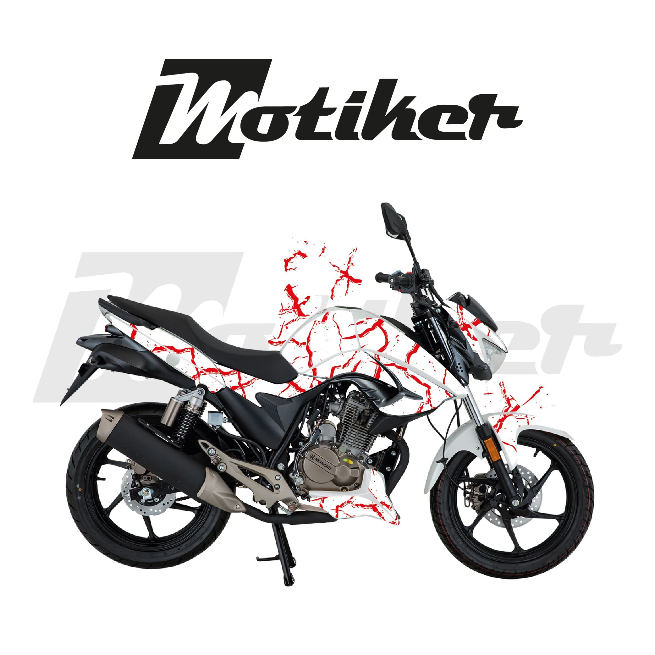 Mondial Drift L Beyaz Zemin Kımızı Şimşek Tasarımı Parçalı Kaplama Sticker Etiket Modeli