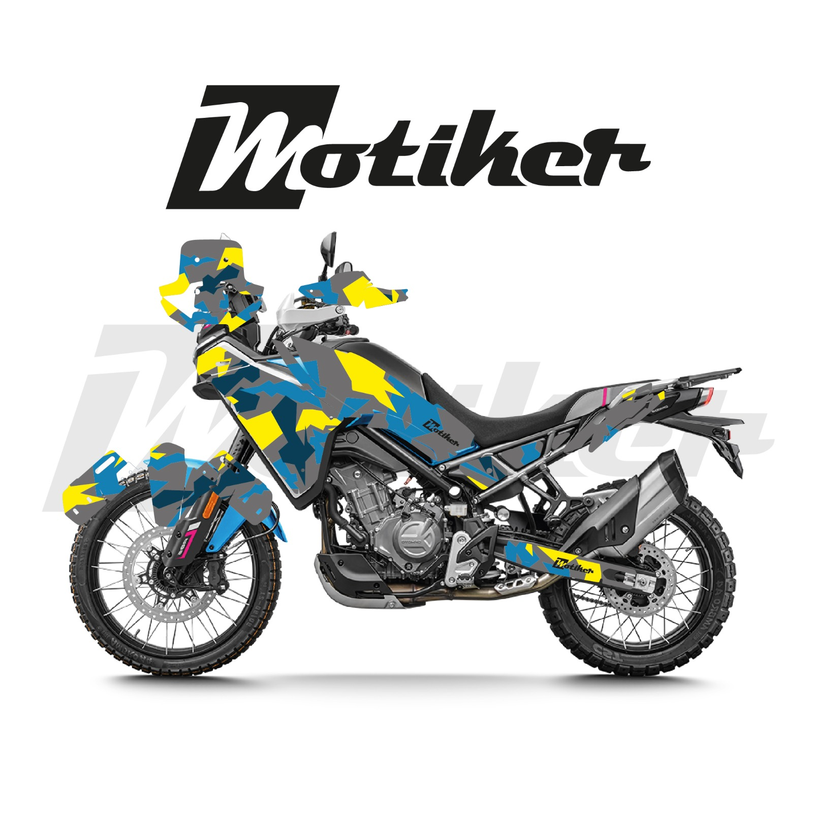 CF MOTO 450MT Kamuflaj Tasarımı Gri Üzeri Mavi Sarı Sticker Etiket Modeli