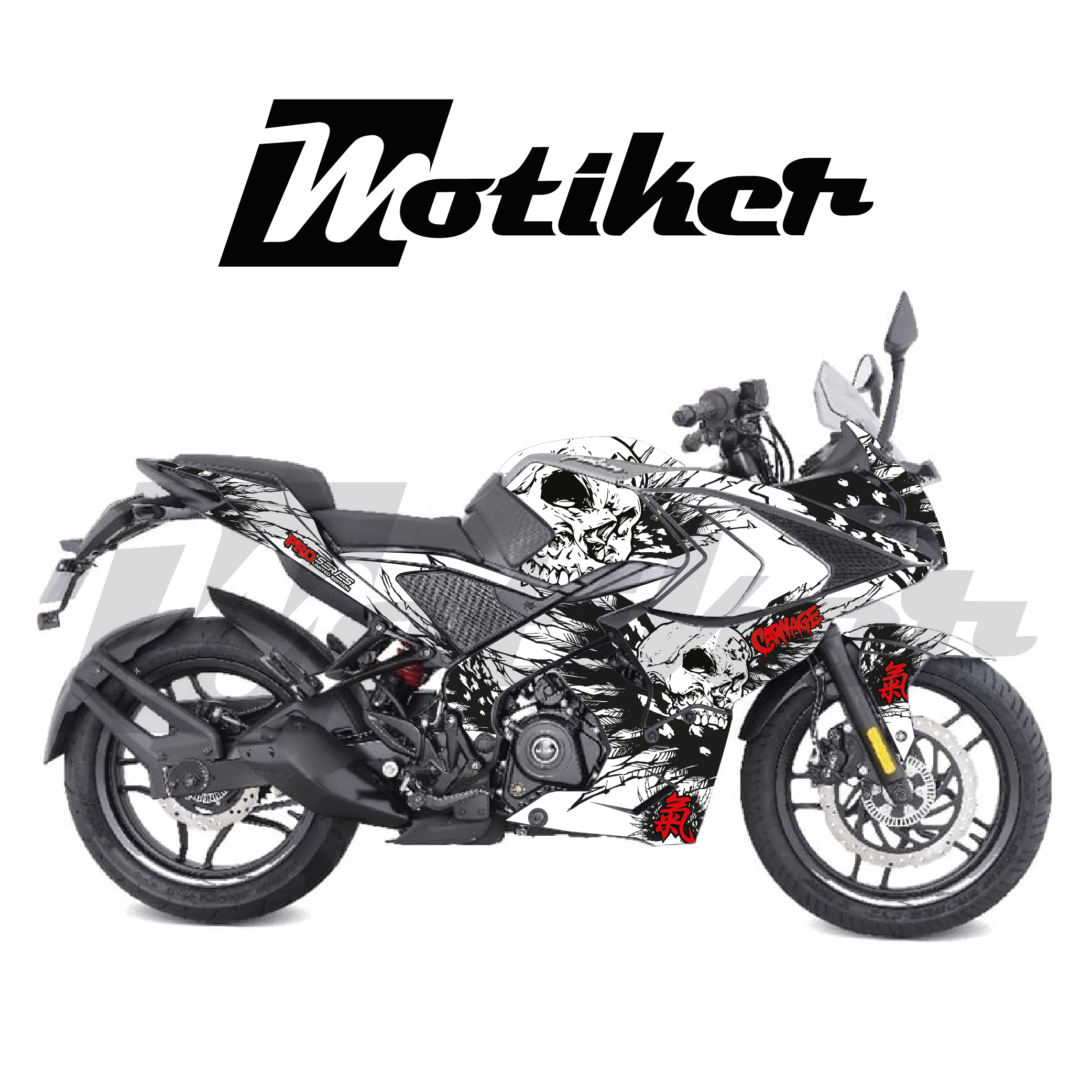 Bajaj Pulsar RS200 Tress Skull Beyaz Tasarımı Sticker Etiket Modeli