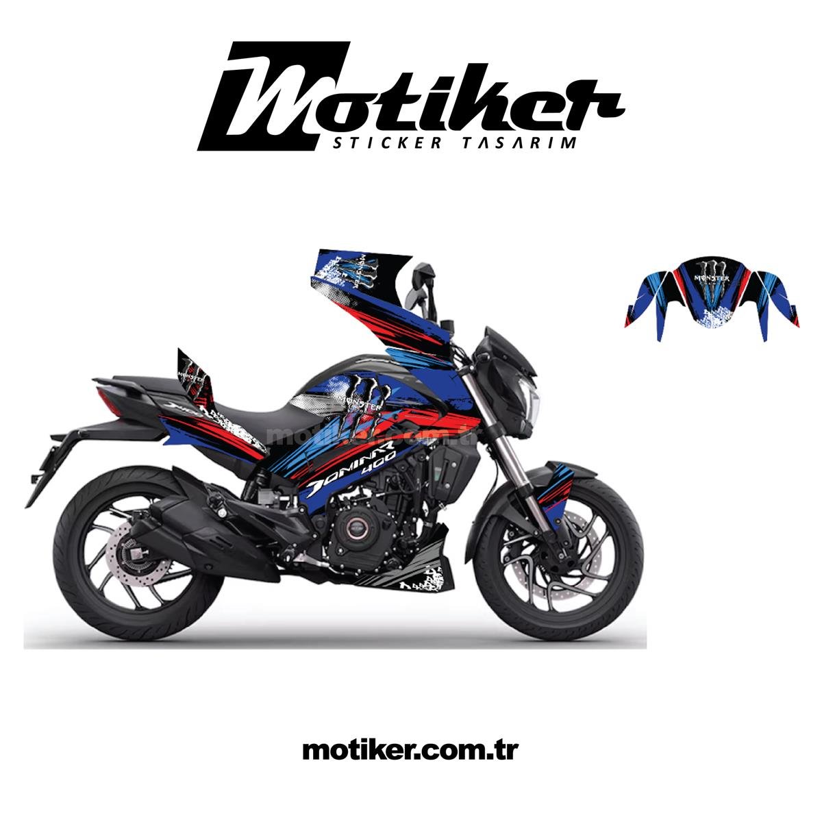 Bajaj Dominar Monster Red Blue Striped Sticker Etiket Kaplama Model