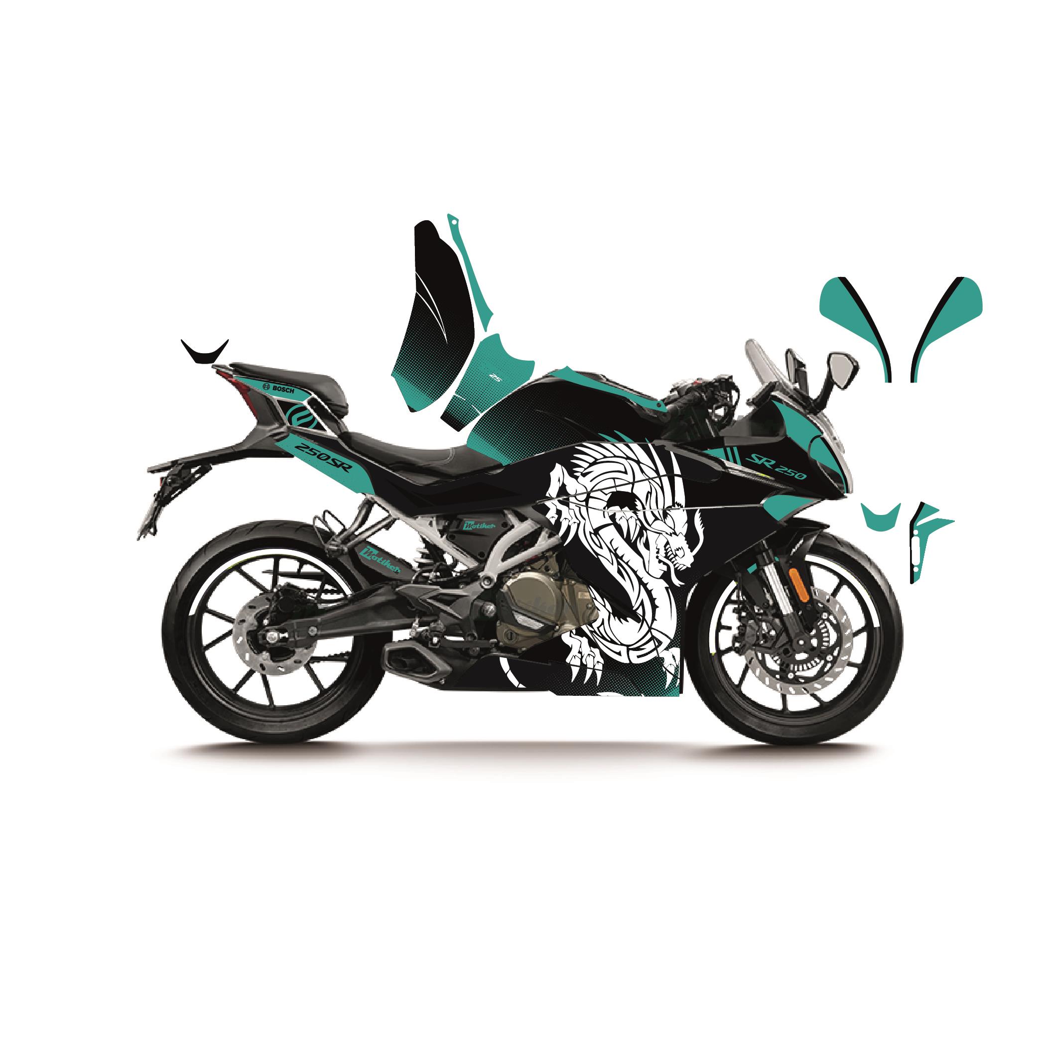 CFMOTO 250SR BEYAZ TURKUAZ DRAGON MODEL PARÇALI MOTOSIKLET KAPLAMA STICKER ETIKET MODELI 