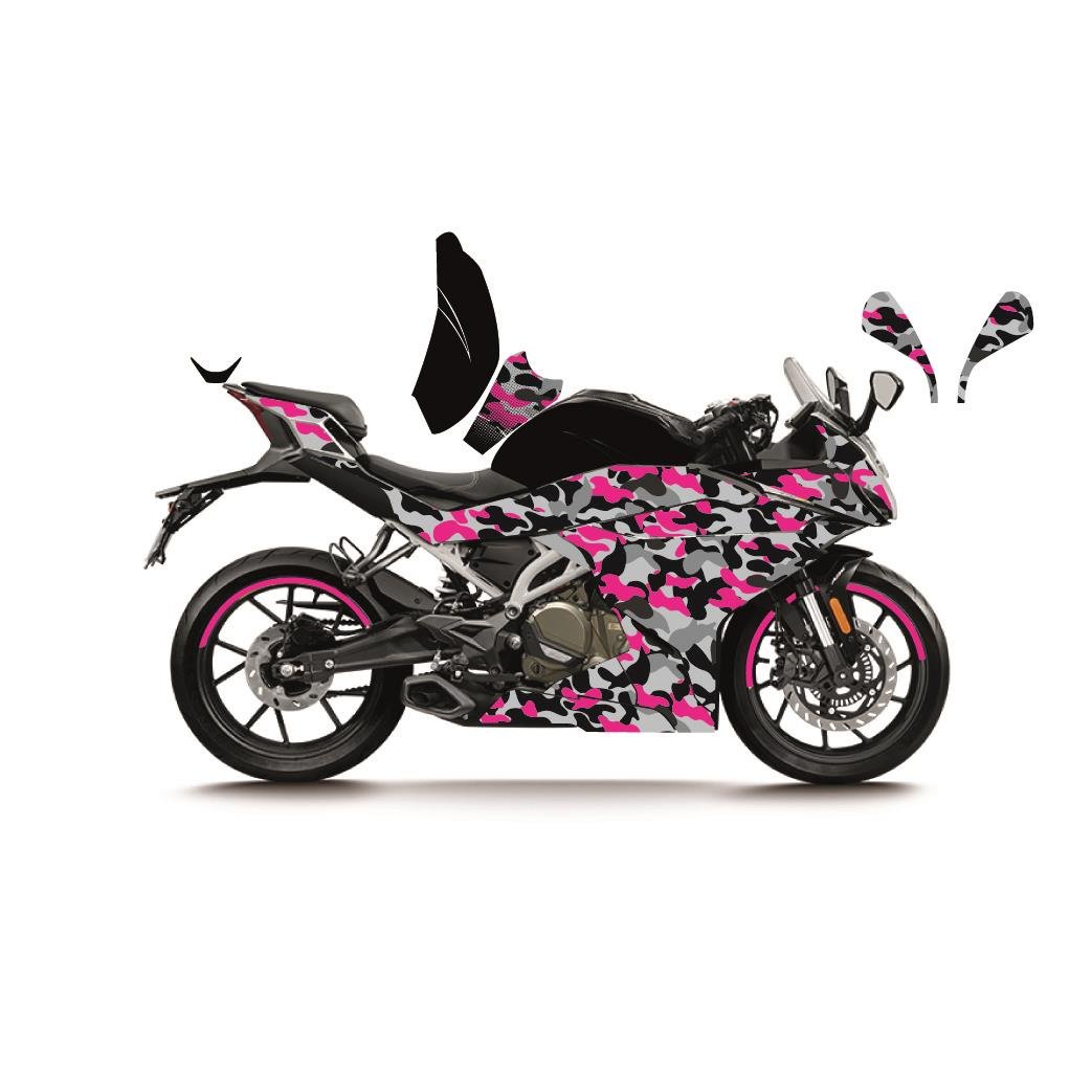 CFMOTO 250SR PEMBE KAMUFLAJ (CAMOUFLAGE) MODEL PARÇALI MOTOSIKLET KAPLAMA STICKER ETIKET MODELI