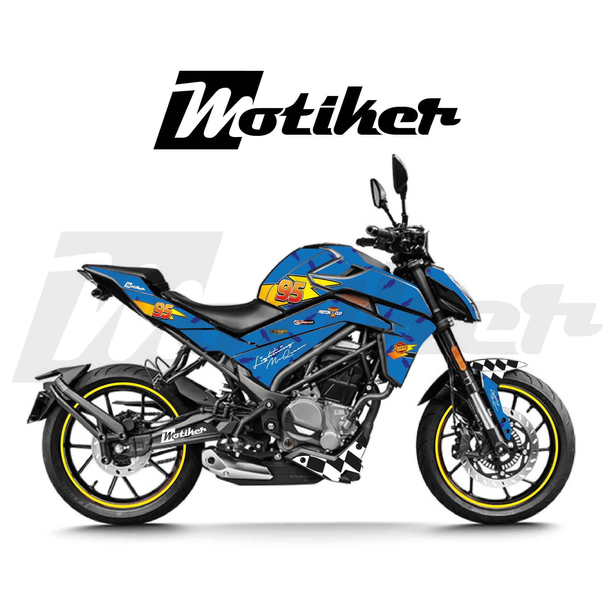 250 NKCFMOTO NK250 2024-2025 Yeni Kasa Parçalı Kaplama Sticker Etiket Modeli Mavi - Sarı Renk McQueen Tasarım 
