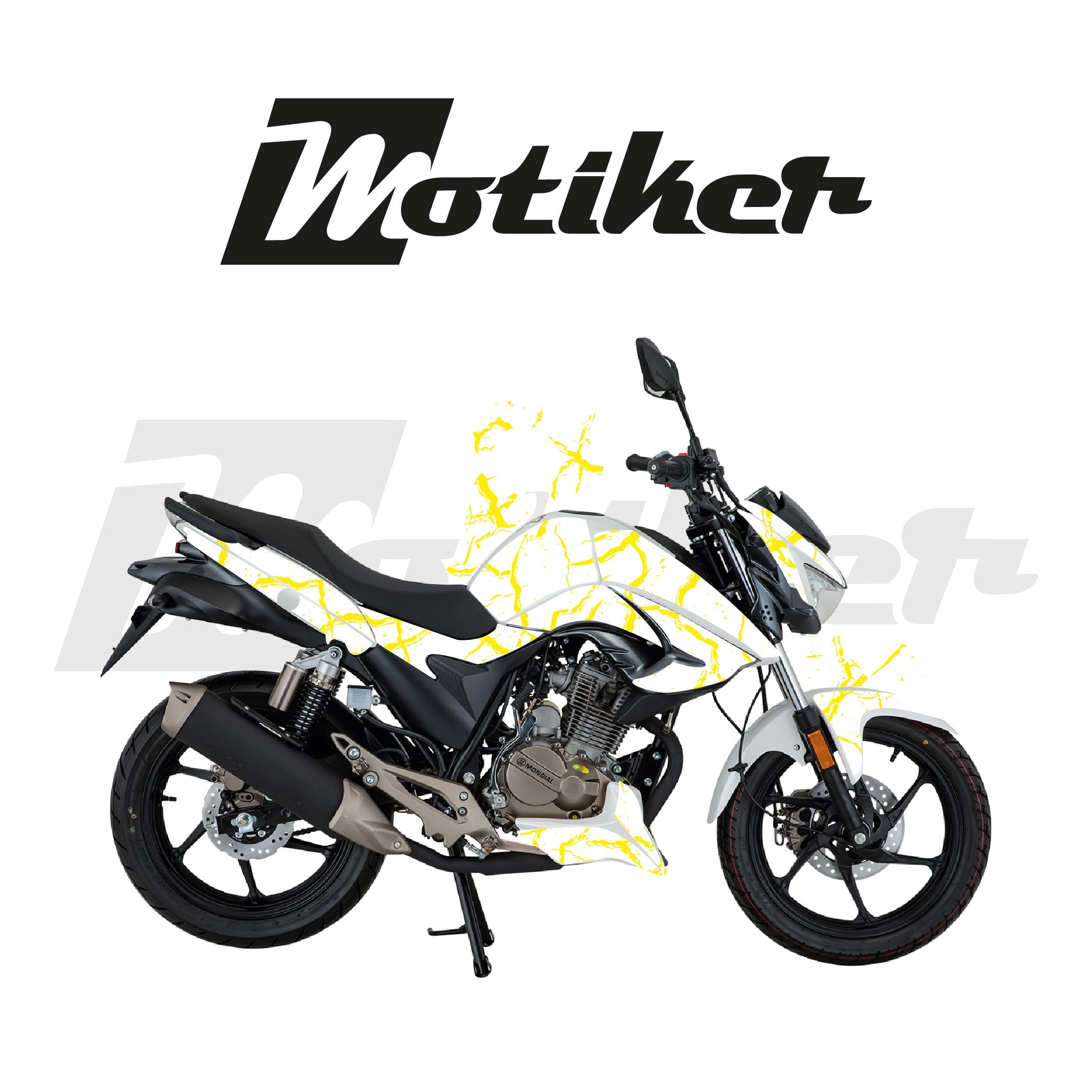 Mondial Drift L Beyaz Zemin Sarı Şimşek Tasarımı Parçalı Kaplama Sticker Etiket Modeli