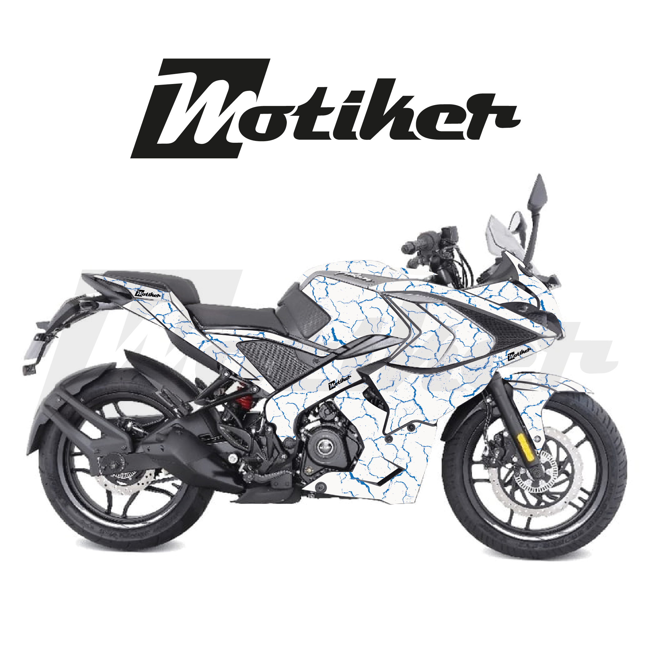 BAJAJ Pulsar RS200 Beyaz Zemin Üstüne Mavi Şimşek Tasarımı Sticker Etiket Modeli