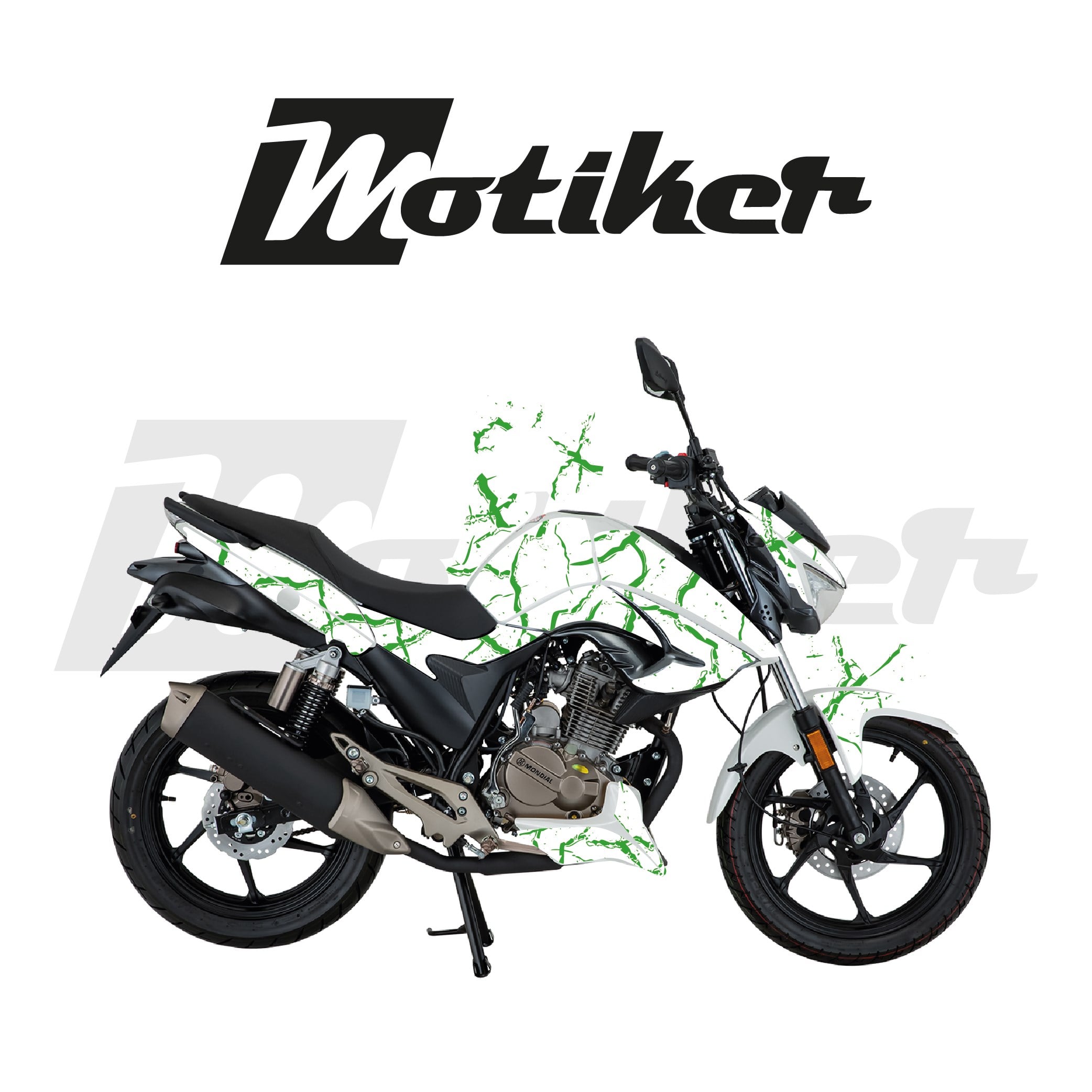 Mondial Drift L Beyaz Zemin Yeşil Şimşek Tasarımı Parçalı Kaplama Sticker Etiket Modeli