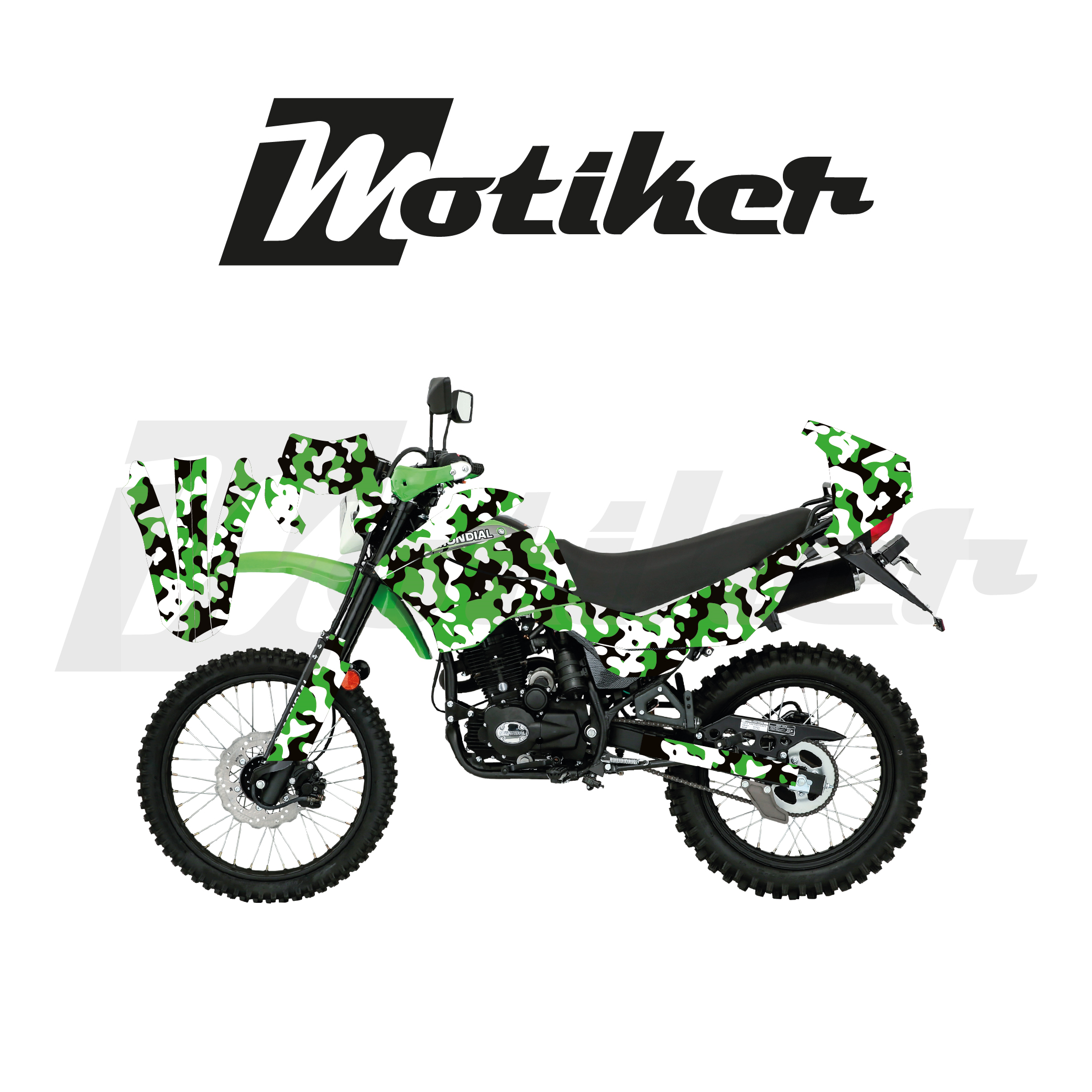 Mondial 2022-2026 Model X-Treme Max 200İ  Siyah Zemin Üstüne Yeşil Beyaz Kamuflaj (Kamuflage) Tasarımı Sticker Etiket Modeli