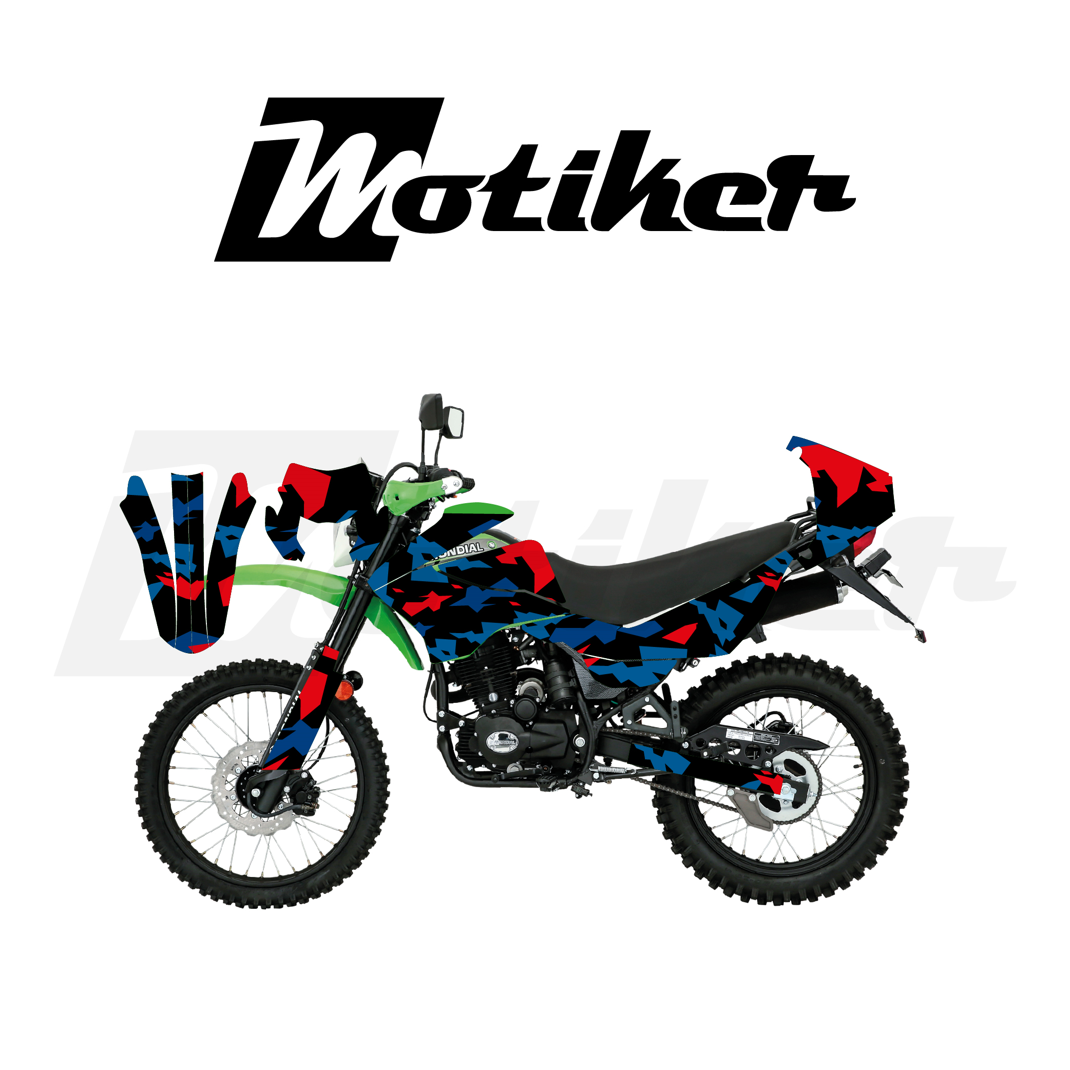 Mondial 2022-2026 Model X-Treme Max 200İ Kamuflaj Tasarımı Siyah Zemin Üstü Mavi Kırmızı Sticker Etiket Modeli