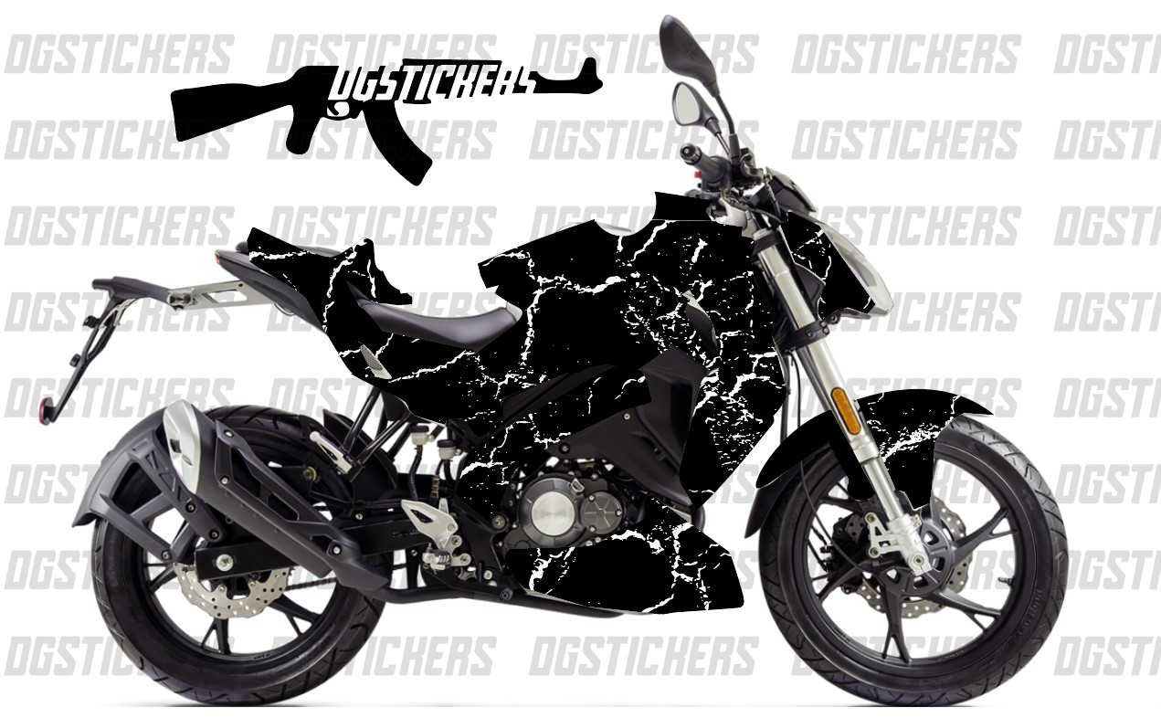  Benelli 125s Craked Beyaz Siyah Tasarımı Sticker Etiket Modeli